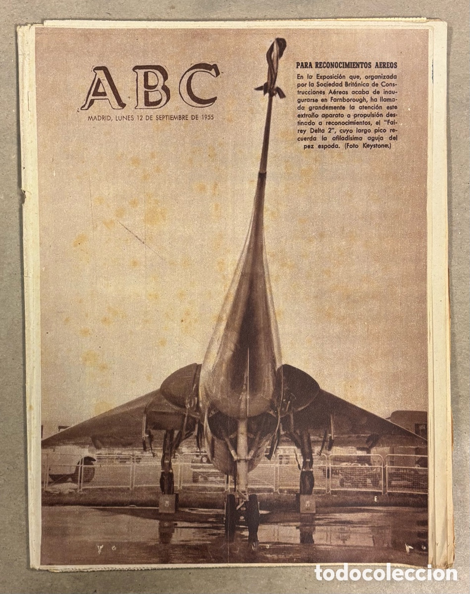 Coleccionismo de revistas y peri&oacute;dicos: ABC (12 SEPTIEMBRE 1955) CAZA FAIREY DELTA 2, II CENTENARIO PLAZA MAYOR SALAMANCA, CALZADOS TEJISA