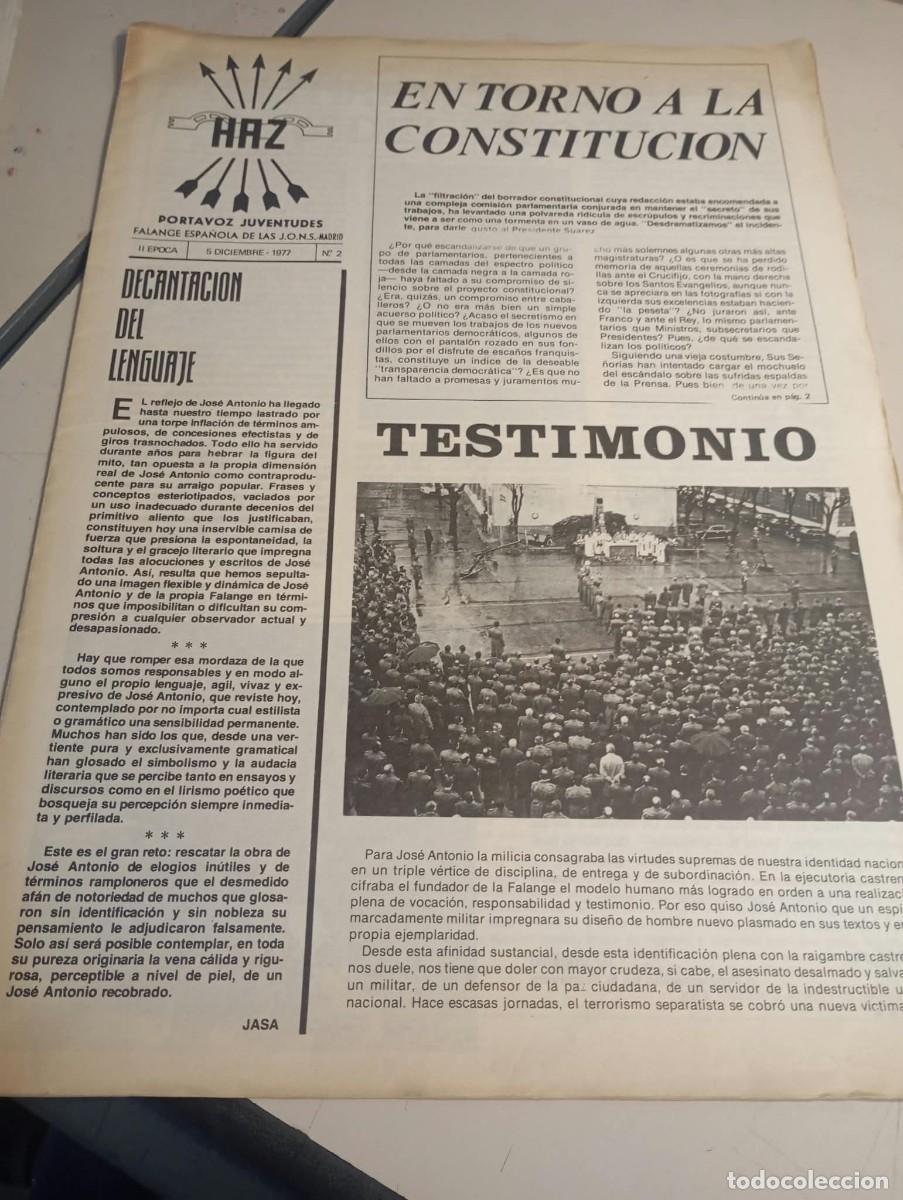 Coleccionismo de revistas y peri&oacute;dicos: HAZ REVISTA PORTAVOZ JUVENTUDES FALANGE ESPA&Ntilde;OLA II EPOCA N&ordm; 2 DICIEMBRE 1977 REF. UR MES 7