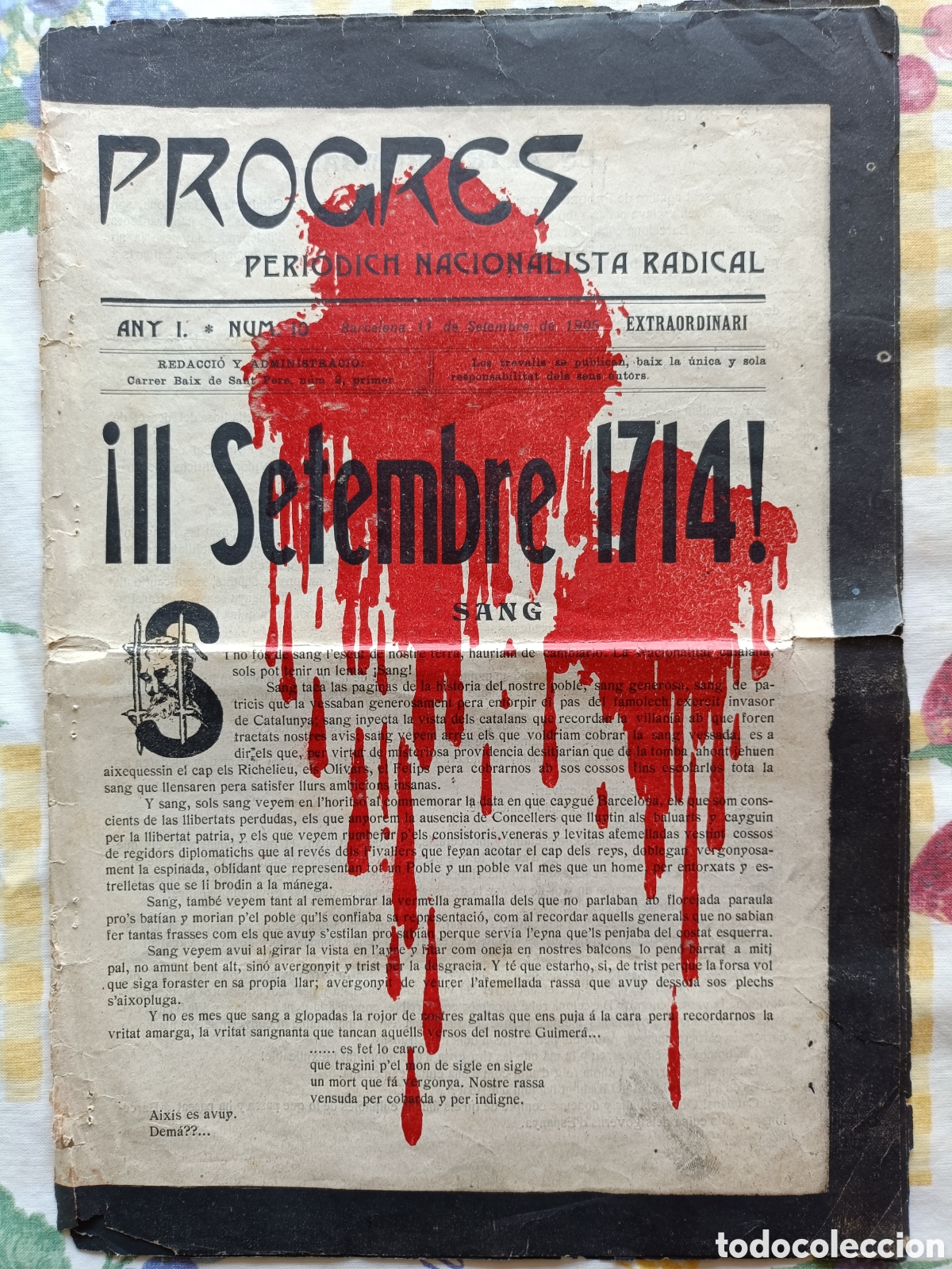 Coleccionismo de revistas y peri&oacute;dicos: Progr&egrave;s Peri&oacute;dich Nacionalista Radical Any I n&ordm; 10 ! 11 Setembre 1714 ! Sang Barcelona setembre 1905