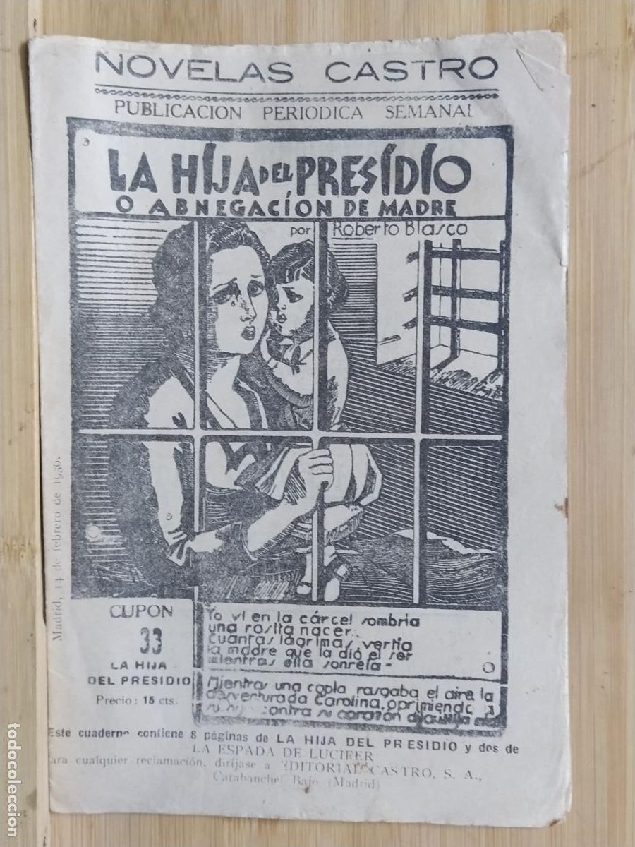 Coleccionismo de revistas y peri&oacute;dicos: LA HIJA DEL PRESIDIO O ABNEGACION DE MADRE - CUPON 33 - NOVELAS CASTRO