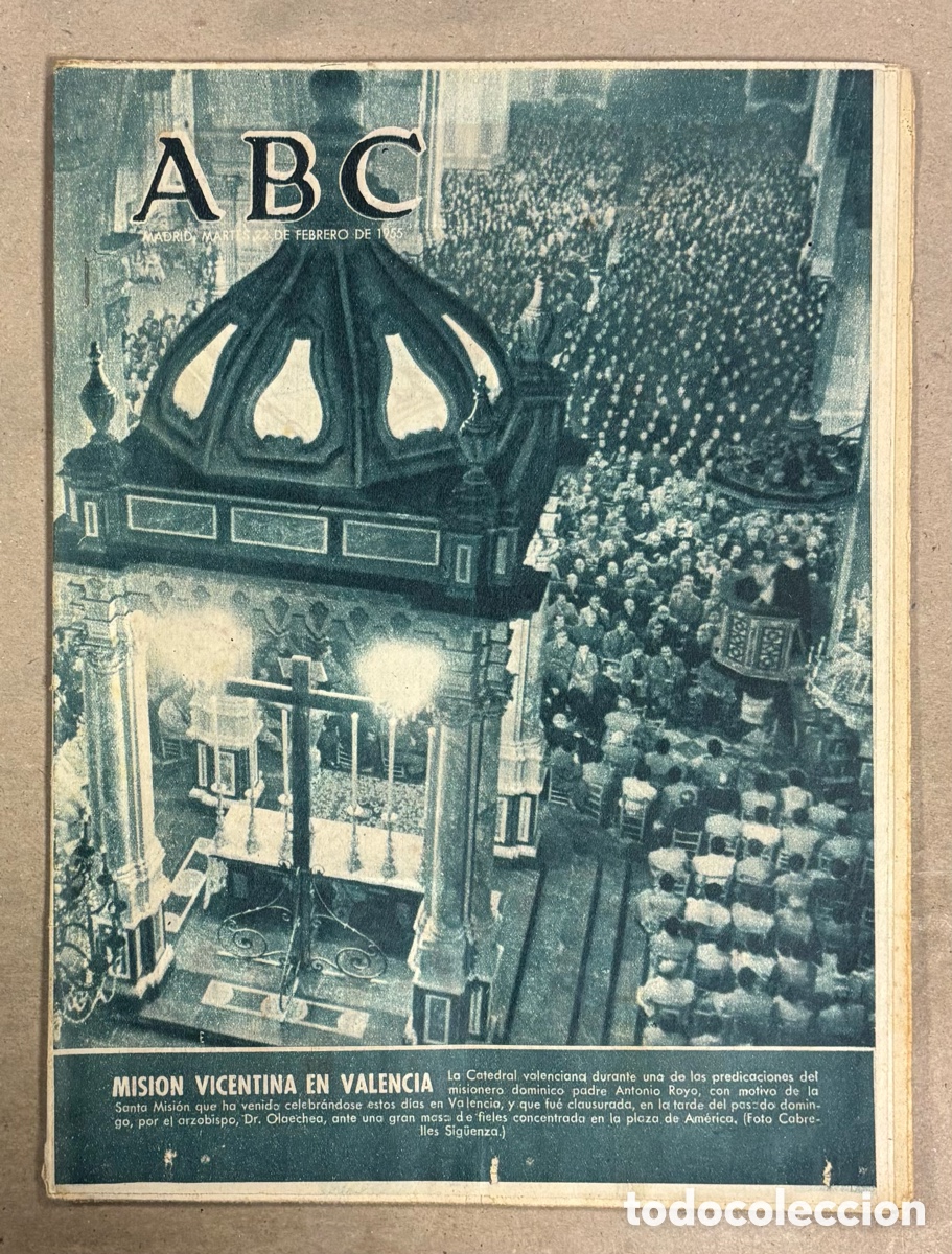 Coleccionismo de revistas y peri&oacute;dicos: ABC (22 FEBRERO 1955) MISI&Oacute;N VICENTINA VALENCIA, ATHLETIC BILBAO 2-0 REAL MADRID, BARRUTIA CAMPE&Oacute;N