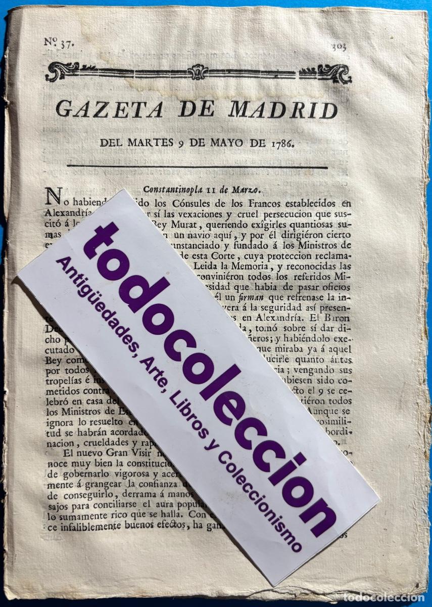 Coleccionismo de revistas y peri&oacute;dicos: MALAGA- CARTAGENA- MADRID- GACETA- GAZETA DE MADRID- 1786