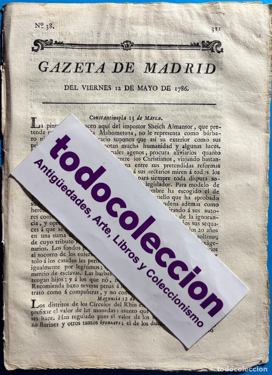 Coleccionismo de revistas y peri&oacute;dicos: RESCATE BARCO HUNDIDO PANICHE- PORTUGAL- MADRID- GACETA- GAZETA DE MADRID- 1786