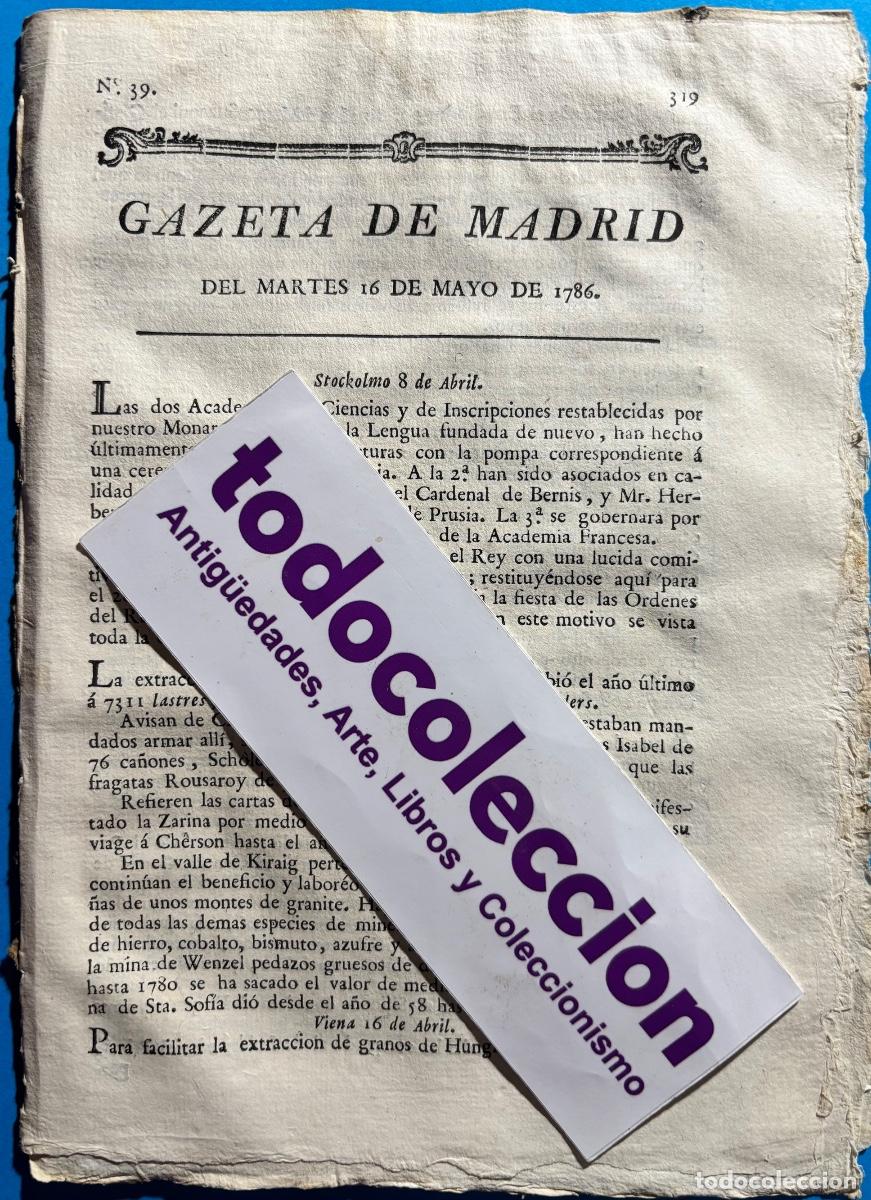 Collectionnisme de Revues et Journaux: SANTIAGO- SANTANDER- HUETE- MADRID- GACETA- GAZETA DE MADRID- 1786