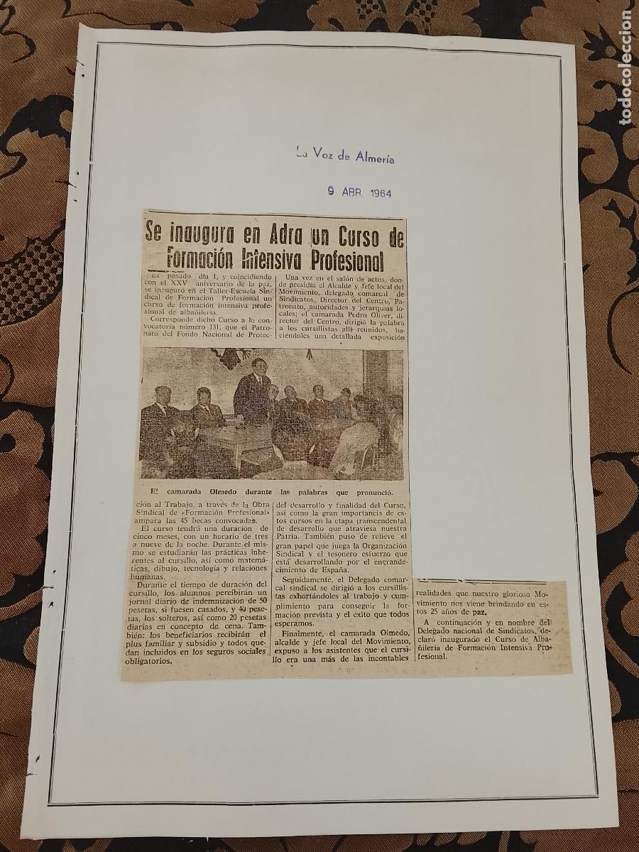 Coleccionismo de revistas y peri&oacute;dicos: noticia la voz de ALMERIA 1954 - ADRA INAUGURACION CURSO FORMACION INTENSIVA PROFESIONAL - OLMEDO