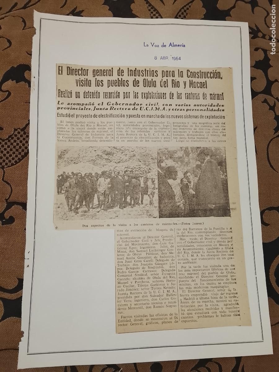 Coleccionismo de revistas y peri&oacute;dicos: noticia la voz de ALMERIA 1954 - OLULA DEL RIO MACAEL CANTERAS DE MARMOL DIRECTOR GENERAL INDUSTRIAS