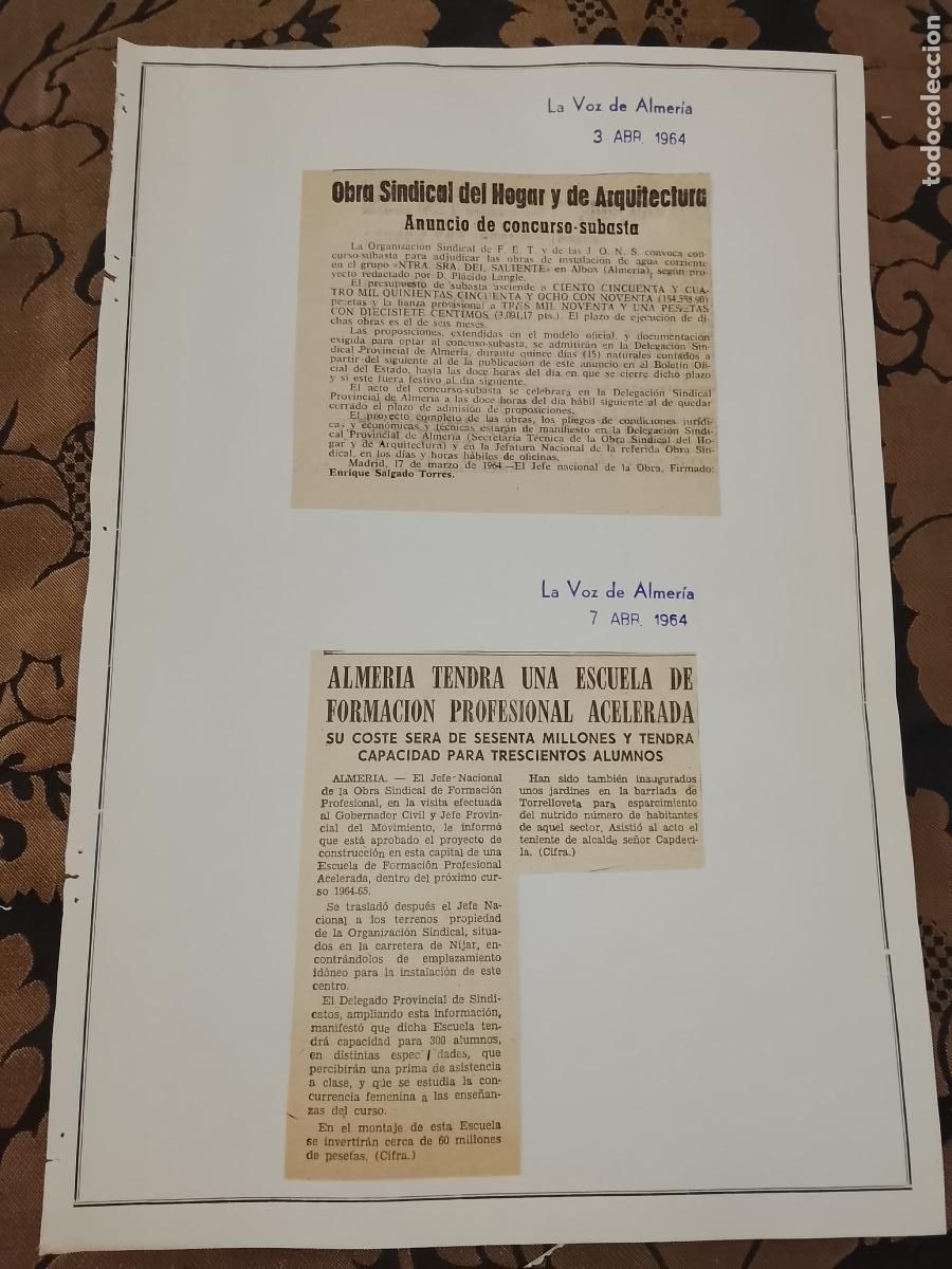 Coleccionismo de revistas y peri&oacute;dicos: noticia la voz de ALMERIA 1954 - SINDICATO - OBRA SINDICAL F.E.T. Y J.O.N.S. CONCURSO SUBASTA F.P.