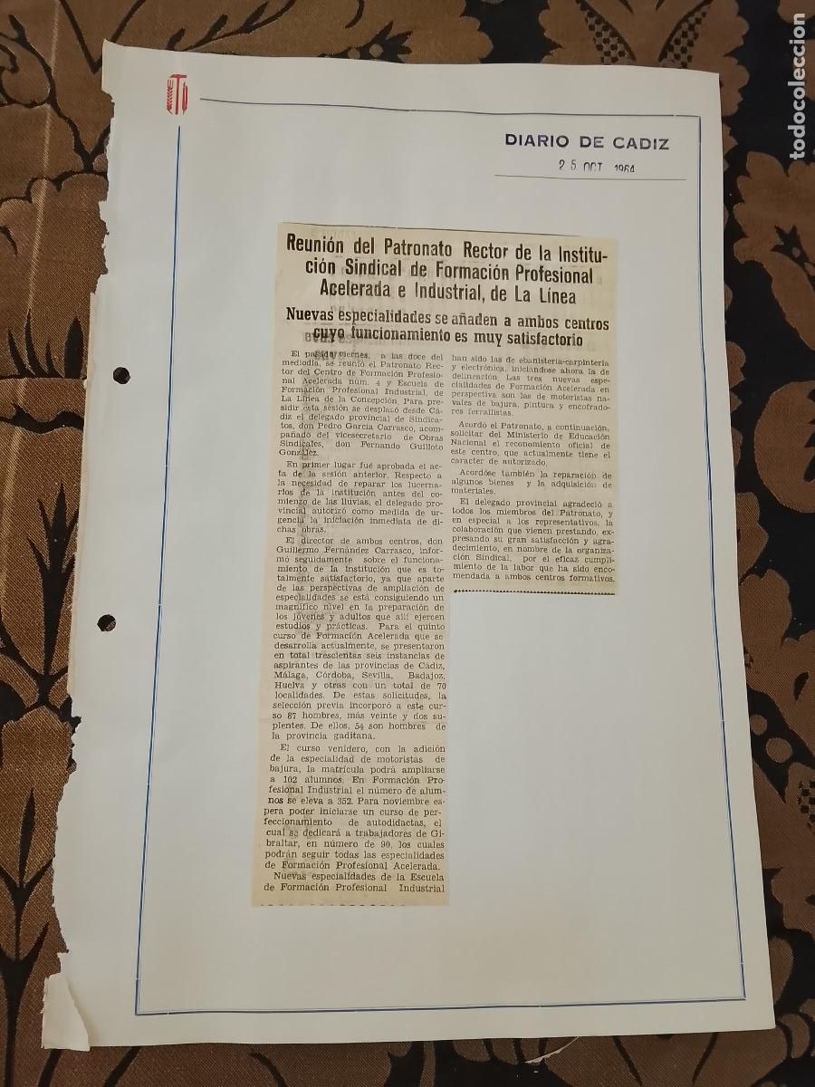 Coleccionismo de revistas y peri&oacute;dicos: noticia DIARIO DE CADIZ 1954 - SINDICATO REUNION PATRONATO INDUSTRIA LA LINEA FORMACION PROFESIONAL