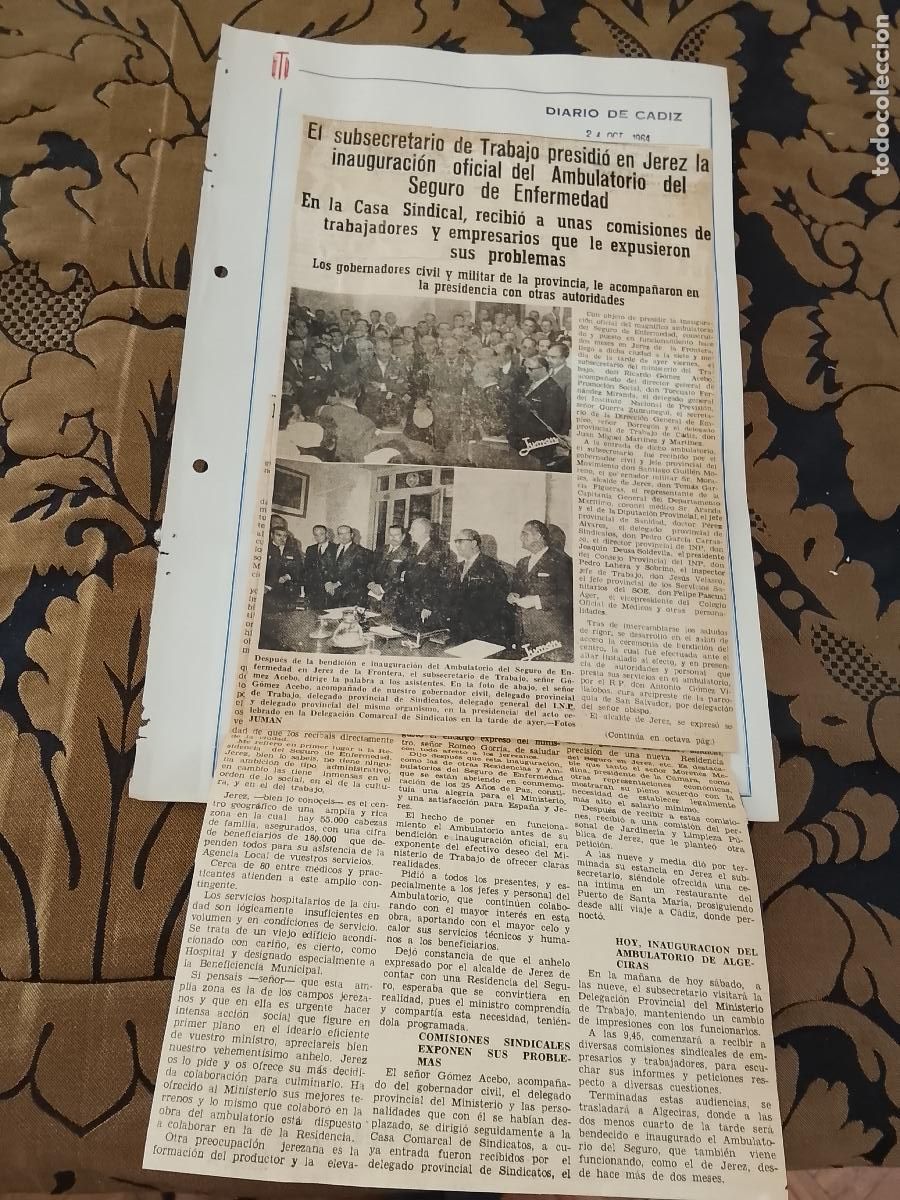 Sammeln von Zeitschriften und Zeitungen: noticia DIARIO DE CADIZ 1964 - SINDICATO - JEREZ INAUGURACION AMBULATORIO - CASA SINDICAL SEGURO
