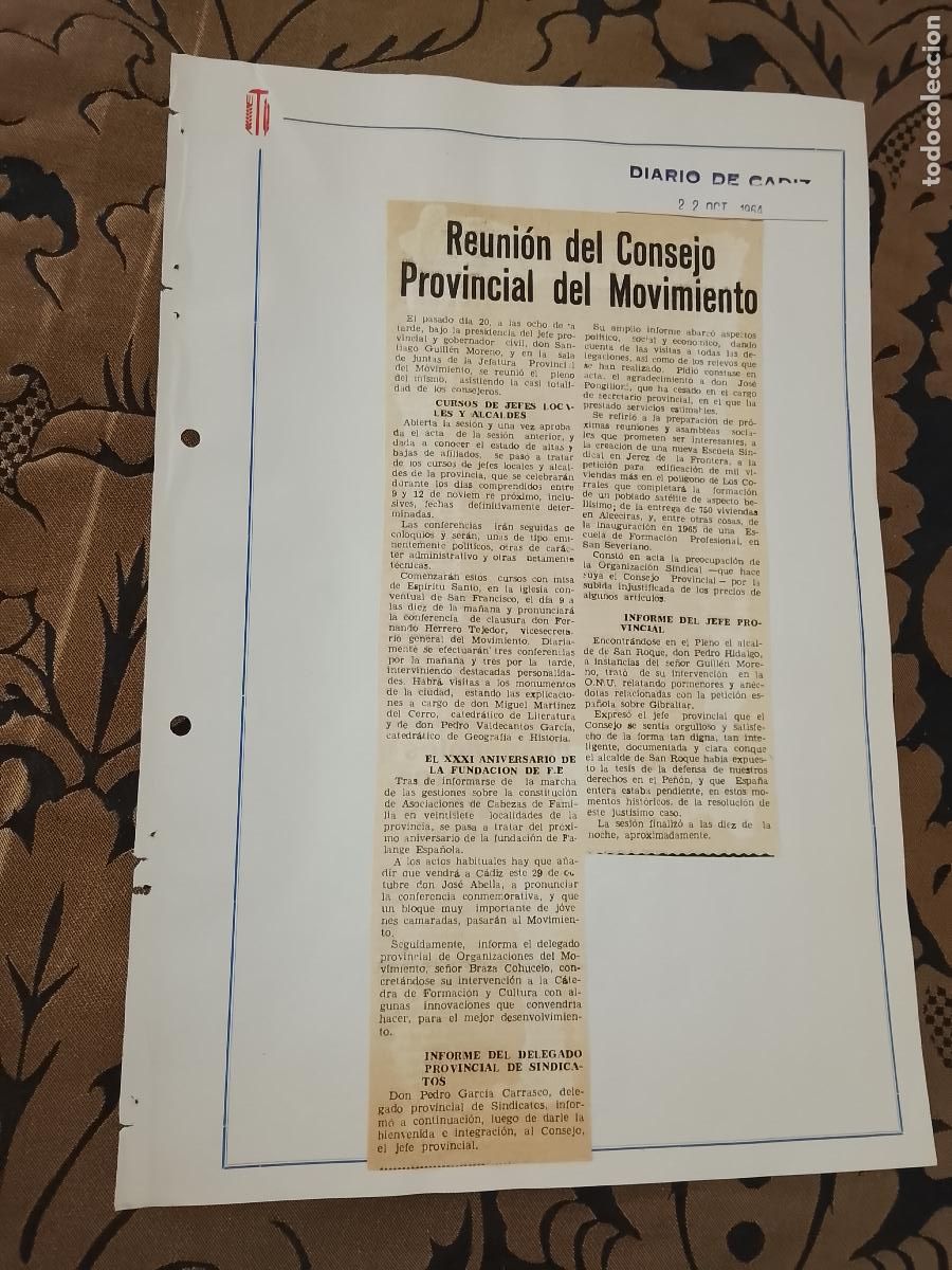 Collection Magazines and Newspapers: noticia DIARIO DE CADIZ 1964 - SINDICATO - REUNION CONSEJO PROVINCIAL DEL MOVIMIENTO