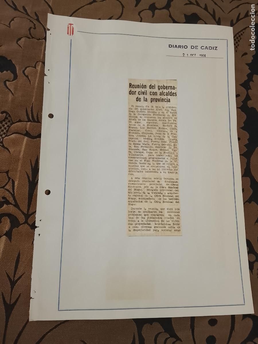 Collection Magazines and Newspapers: noticia DIARIO DE CADIZ 1964 - SINDICATO - REUNION GOBERNADOR CIVIL ALCALDES DE LA PROVINCIA