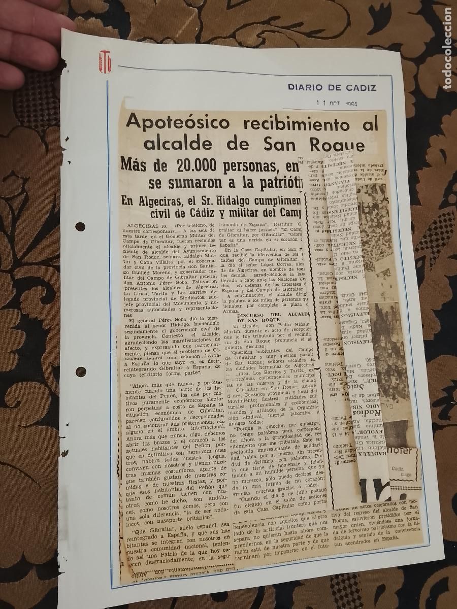 Collectionnisme de Revues et Journaux: noticia DIARIO DE CADIZ 1964 - SINDICATO - RECIBIMIENTO ALCALDE DE SAN ROQUE ALGECIRAS GIBRALTAR