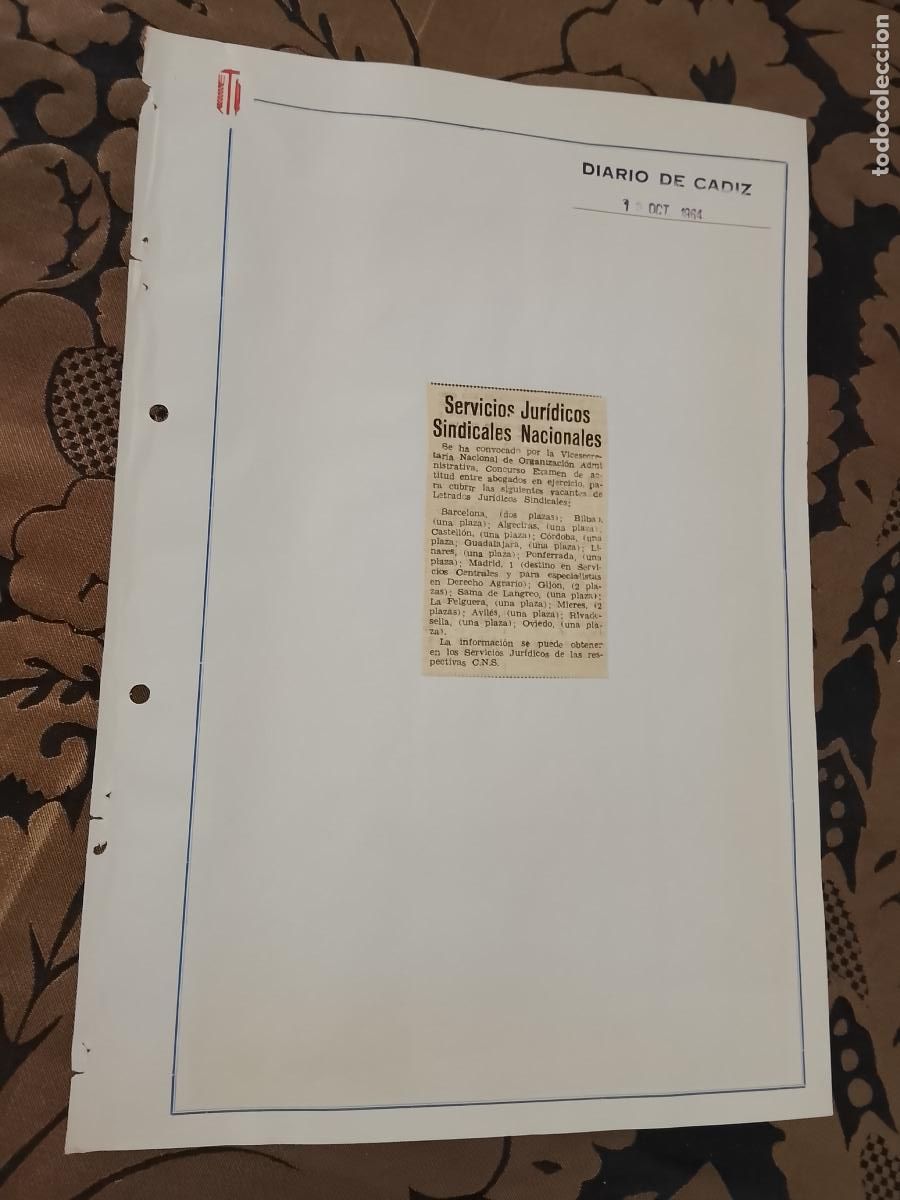 Collectionnisme de Revues et Journaux: noticia DIARIO DE CADIZ 1964- SINDICATO - SERVICIOS JURIDICOS SINDICALES NACIONALES C.N.S.
