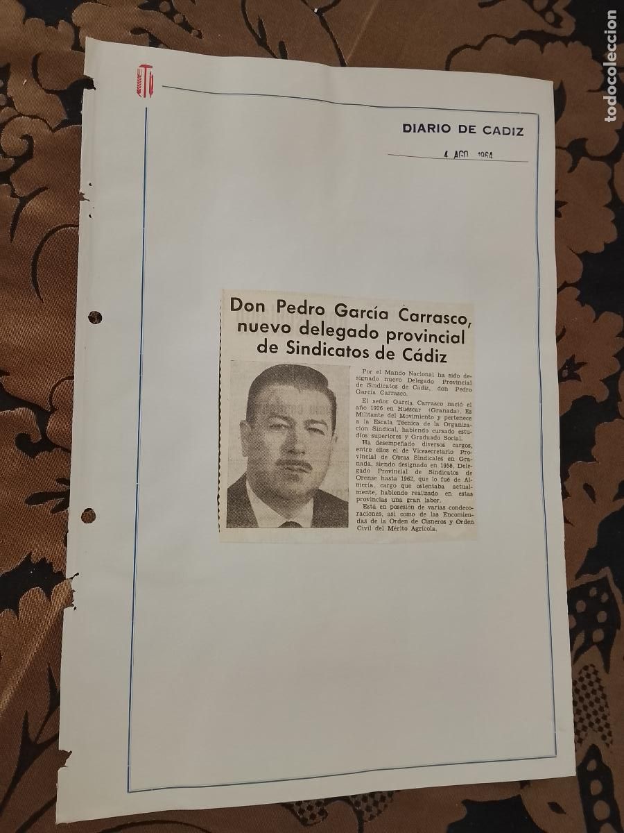 Collezionismo di Riviste e Giornali: noticia DIARIO DE CADIZ 1954 - SINDICATO - PEDRO GARCIA CARRASCO - MILITANTE