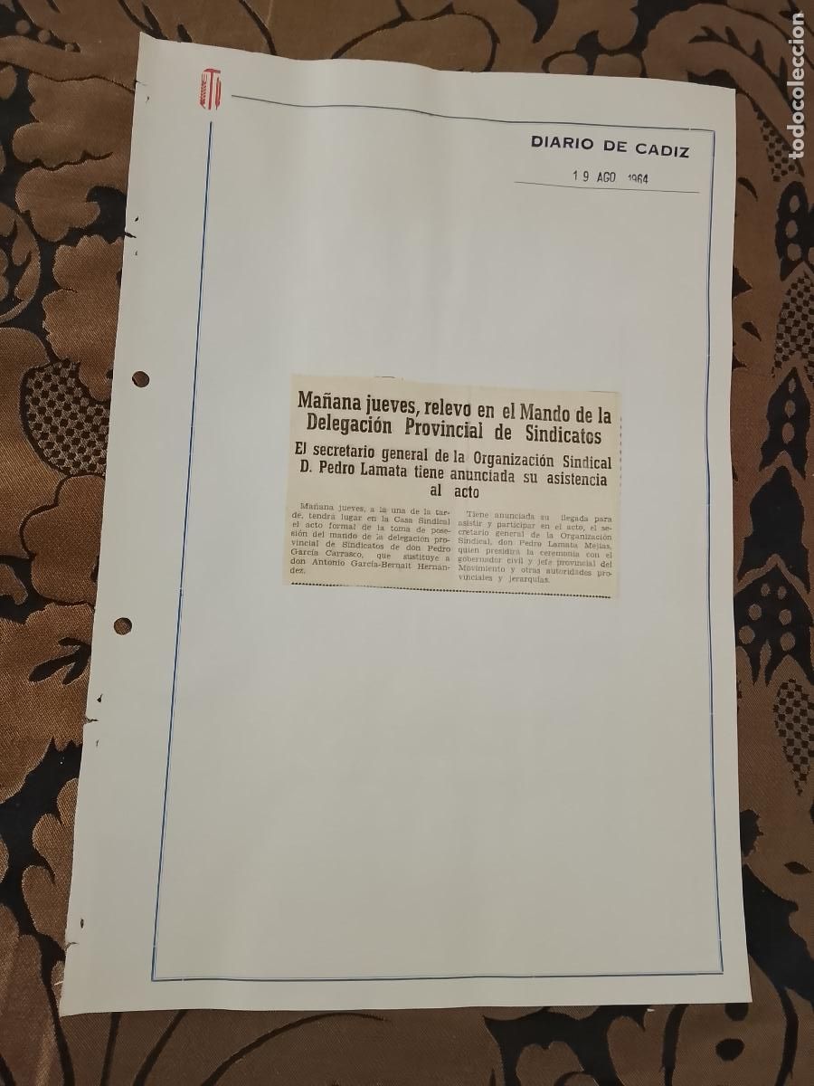 Colecionismo de Revistas e Jornais: noticia DIARIO DE CADIZ 1964 - SINDICATO - RELEVO MANDO DELEGACION PROVINCIAL DE LOS SINDICATOS