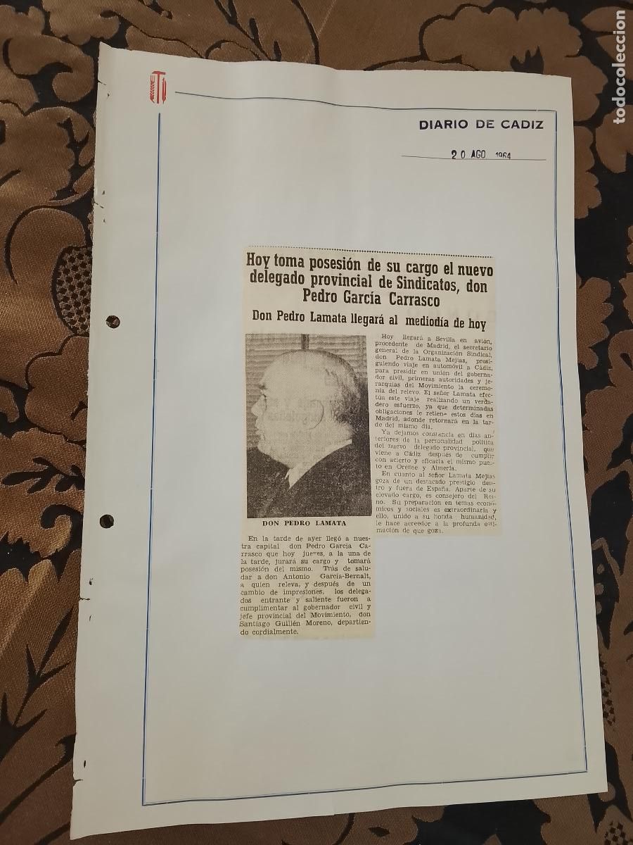 Collection Magazines and Newspapers: noticia DIARIO DE CADIZ 1964 - SINDICATO - DELEGADO PROVINCIAL PEDRO GARCIA CARRASCO TOMA POSESION