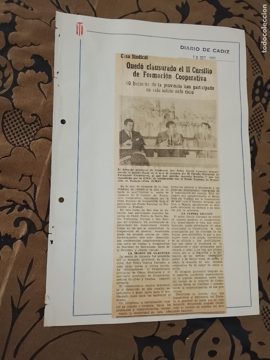 Coleccionismo de revistas y peri&oacute;dicos: noticia DIARIO DE CADIZ 1954 - SINDICATO - CASA SINDICAL CURSILLO FORMACION COOPERATIVA PEDRO GARCIA