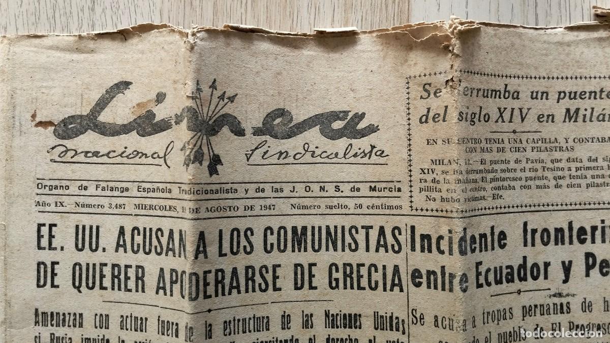 Coleccionismo de revistas y peri&oacute;dicos: LINEA NACIONAL SINDICALISTA - 13/8/1947 - F.E.T. y de las J.O.N.S de MURCIA - 8 P&aacute;ginas