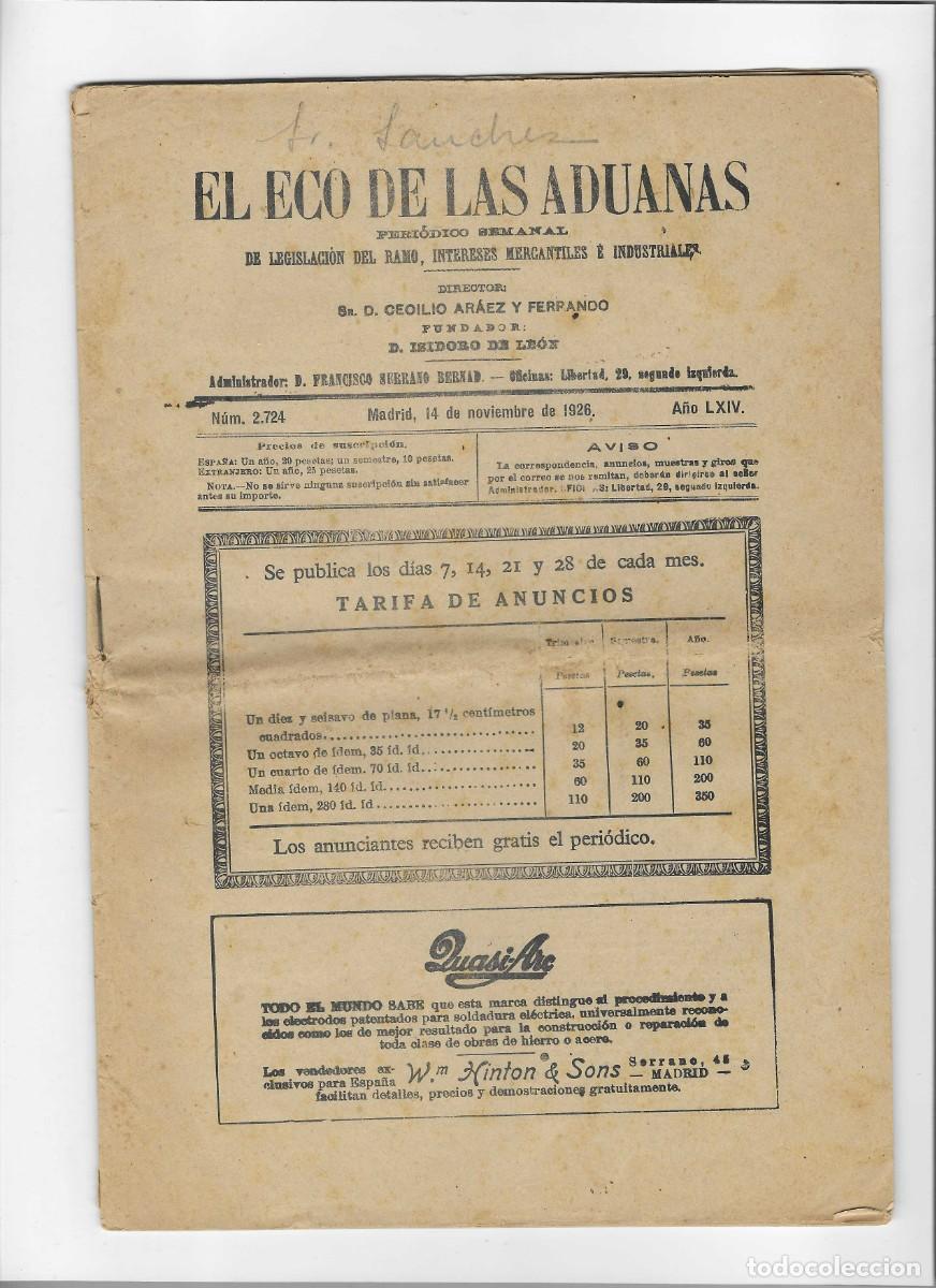 Coleccionismo de revistas y peri&oacute;dicos: EL ECO DE LAS ADUANAS N&ordm; 2724 (14 NOVIEMBRE 1926)
