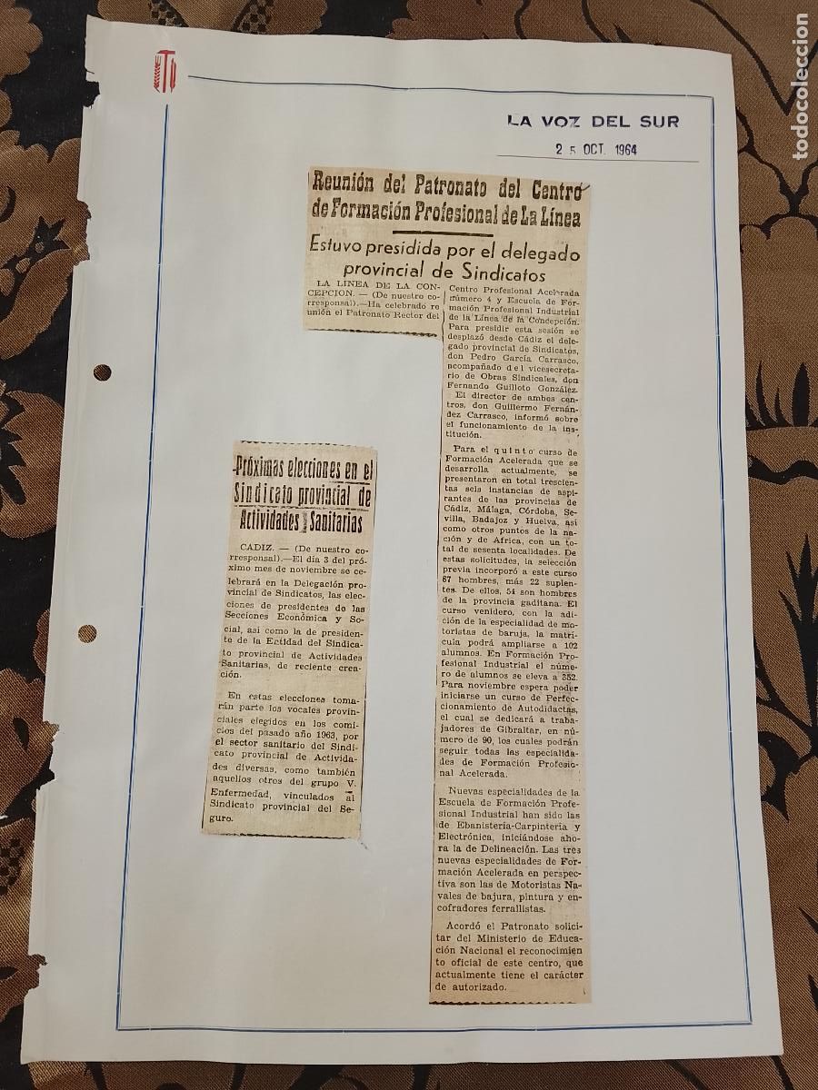 Coleccionismo de revistas y peri&oacute;dicos: noticia LA VOZ DEL SUR 1964 - SINDICATO - PATRONATO CENTRO FP LA LINEA CADIZ - ELECCIONES SINDICALES