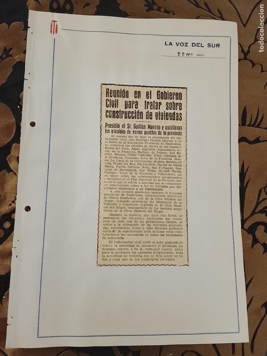 Coleccionismo de revistas y peri&oacute;dicos: noticia LA VOZ DEL SUR 1964 - SINDICATO REUNION GOBIERNO CIVIL COSNTRUCCION VIVIENDAS GULLEN MORENO
