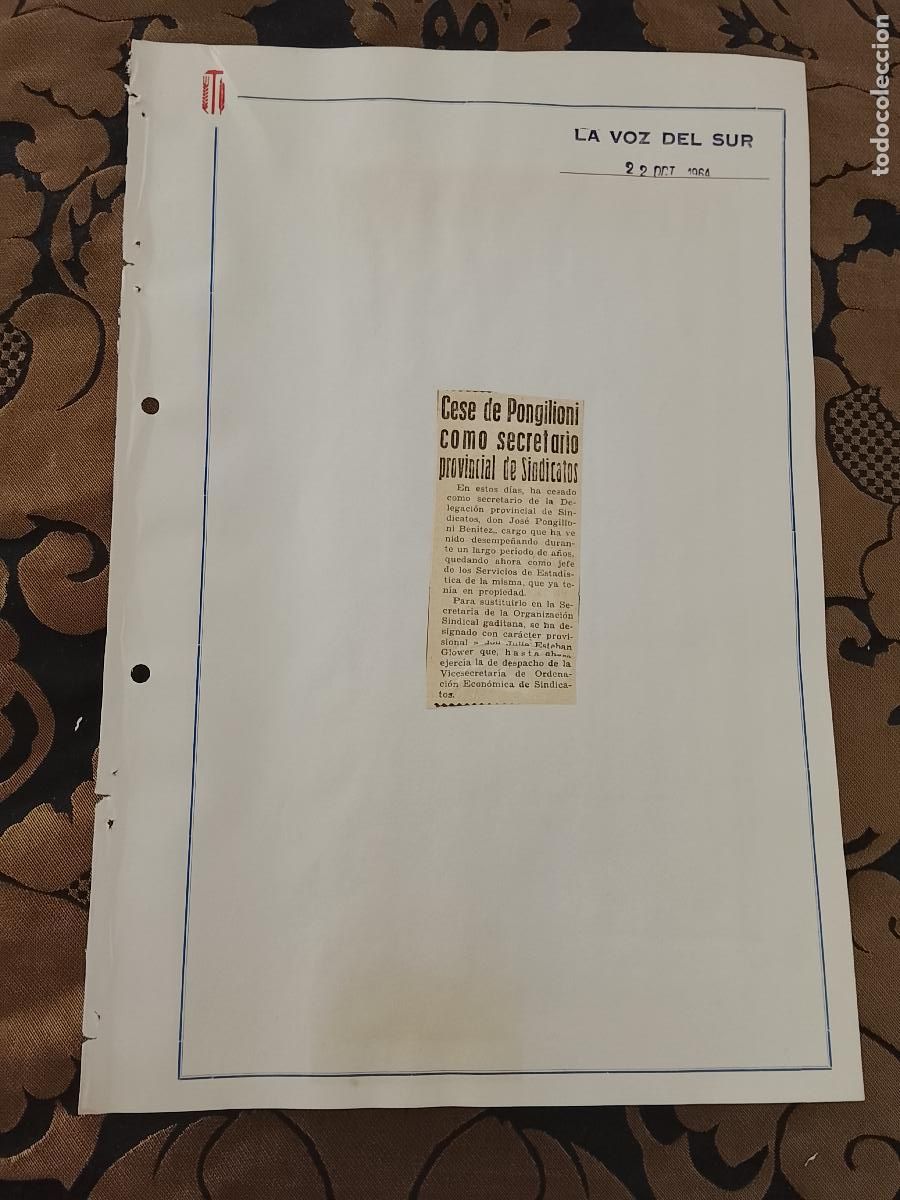 Collezionismo di Riviste e Giornali: noticia LA VOZ DEL SUR 1964 - SINDICATO - CESE DE PONGILIONI COMO SECRETARIO PROVINCIAL SINDICATOS