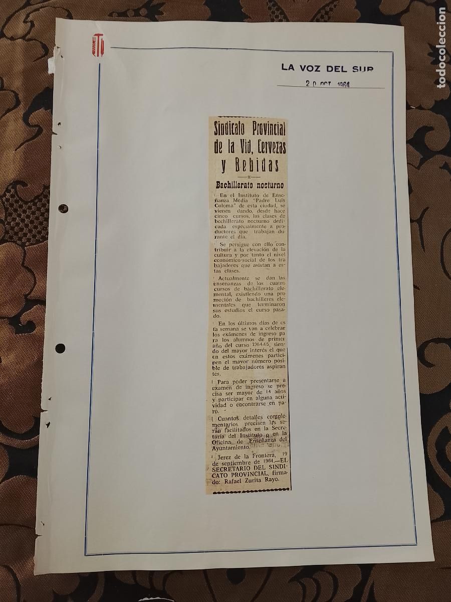 Colecionismo de Revistas e Jornais: noticia LA VOZ DEL SUR 1964 - SINDICATO PROVINCIAL DE LA VID CERVEZAS Y BEBIDAS PADRE LUIS COLOMA