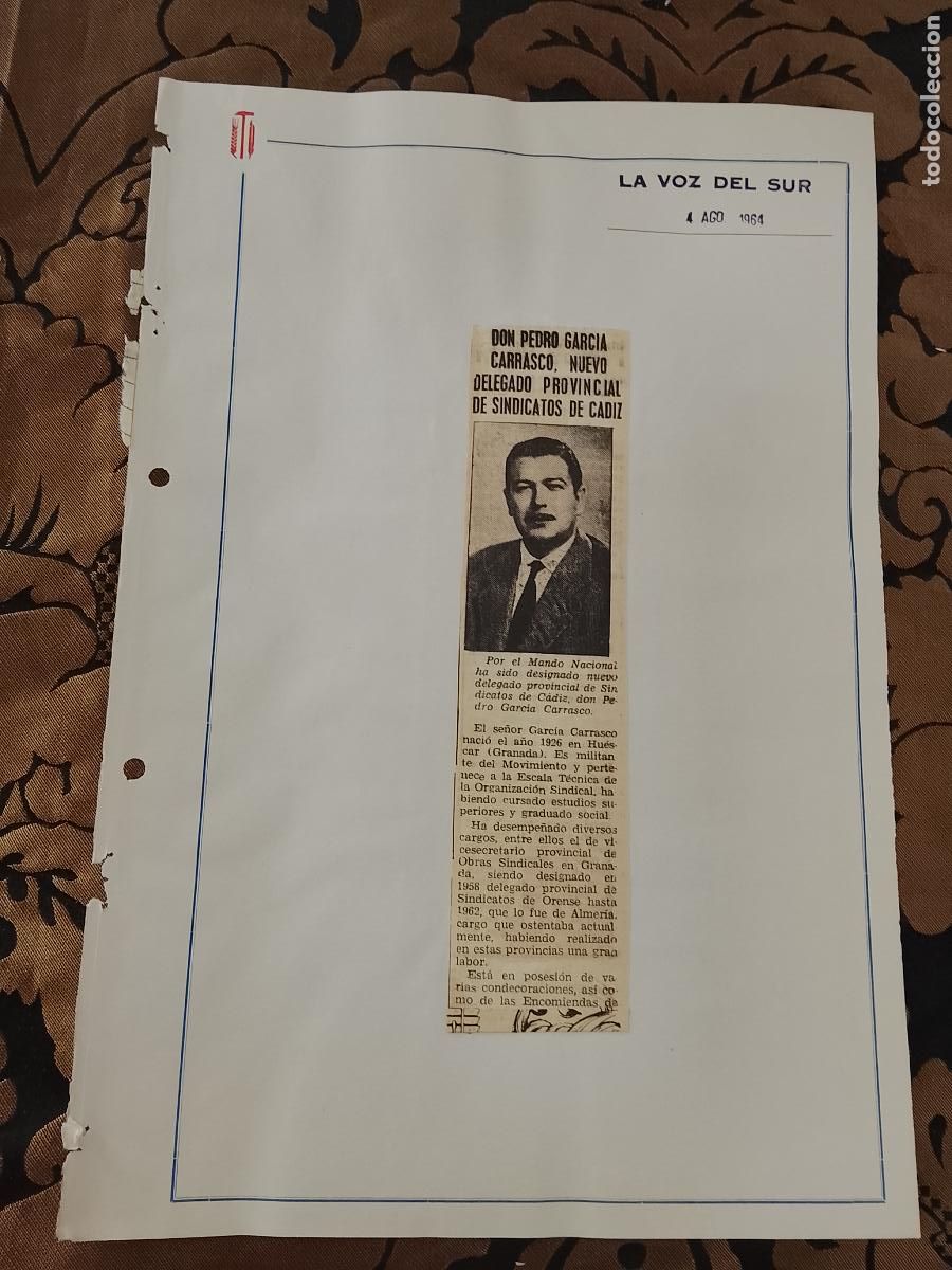 Colecionismo de Revistas e Jornais: noticia LA VOZ DEL SUR 1964 - SINDICATO - PEDRO GARCIA CARRASCO DELEGADO PROVINCIAL CADIZ