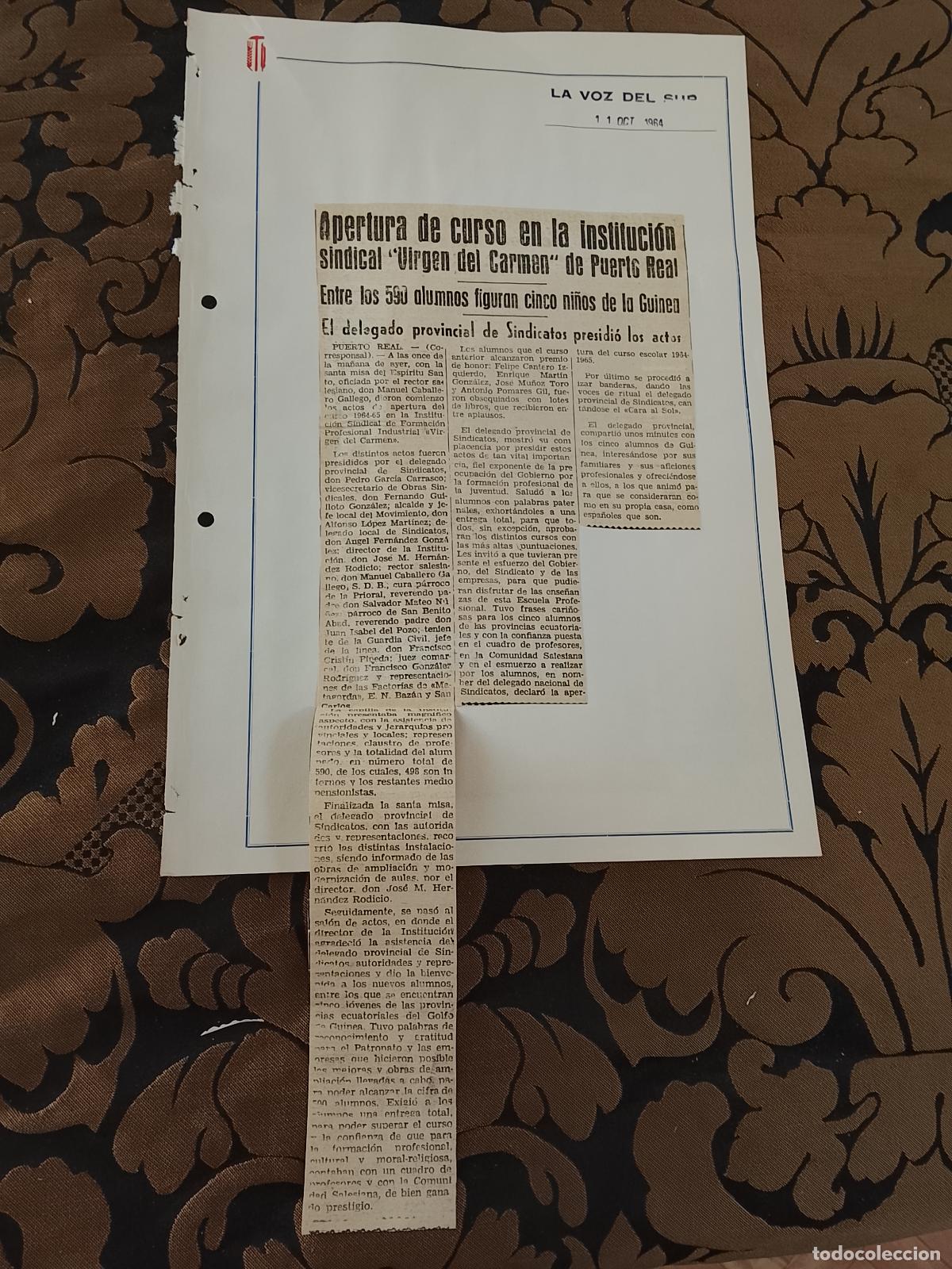 Colecionismo de Revistas e Jornais: noticia LA VOZ DEL SUR 1964 - SINDICATO - CURSO SINDICAL VIRGEN DEL CARMEN PUERTO REAL CADIZ