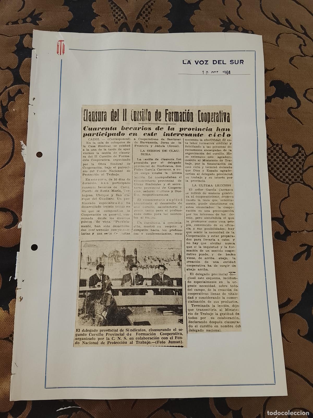 Collezionismo di Riviste e Giornali: noticia LA VOZ DEL SUR 1964 - SINDICATO - CADIZ CURSILLO FORMACION COOPERATIVA