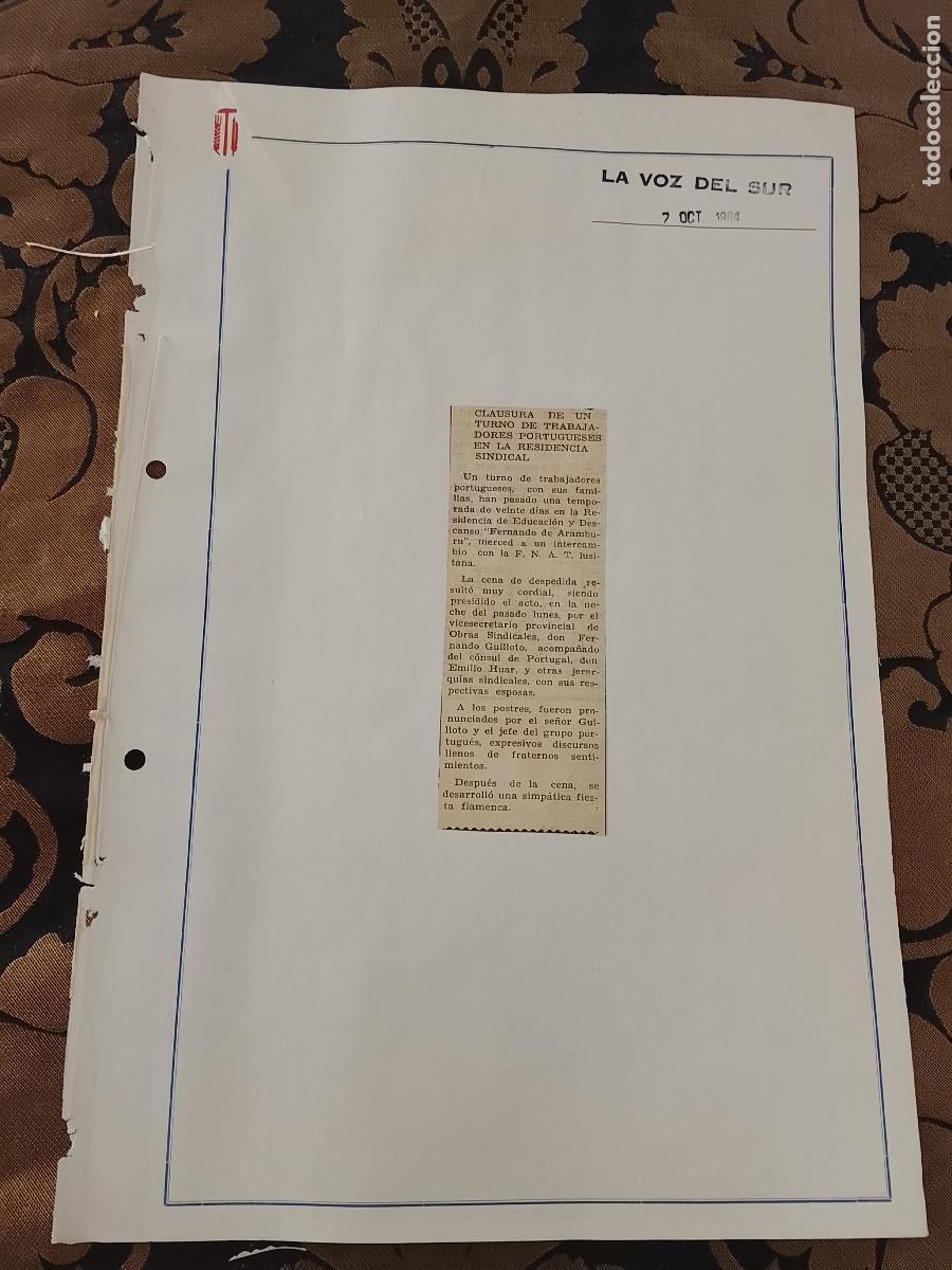 Sammeln von Zeitschriften und Zeitungen: noticia LA VOZ DEL SUR 1964 - SINDICATO CLAUSURA TURNO TRABAJADORES PORTUENSES RESIDENCIA SINDICAL