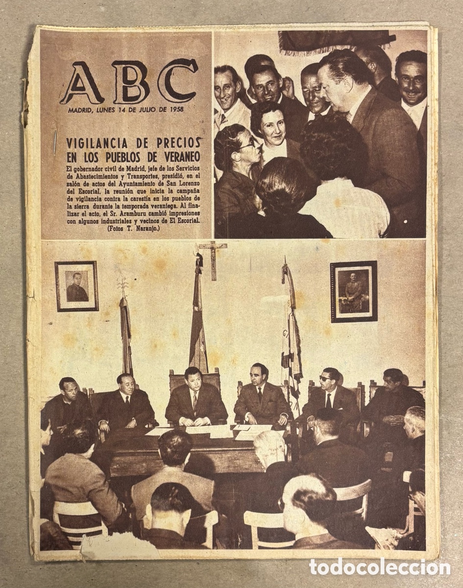 Coleccionismo de revistas y peri&oacute;dicos: ABC (14 JULIO 1958) VIGILANCIA PRECIOS EN PUEBLOS DE VERANEO, PANTANO ENTREPE&Ntilde;AS BUENDIA, CARMEN SEV