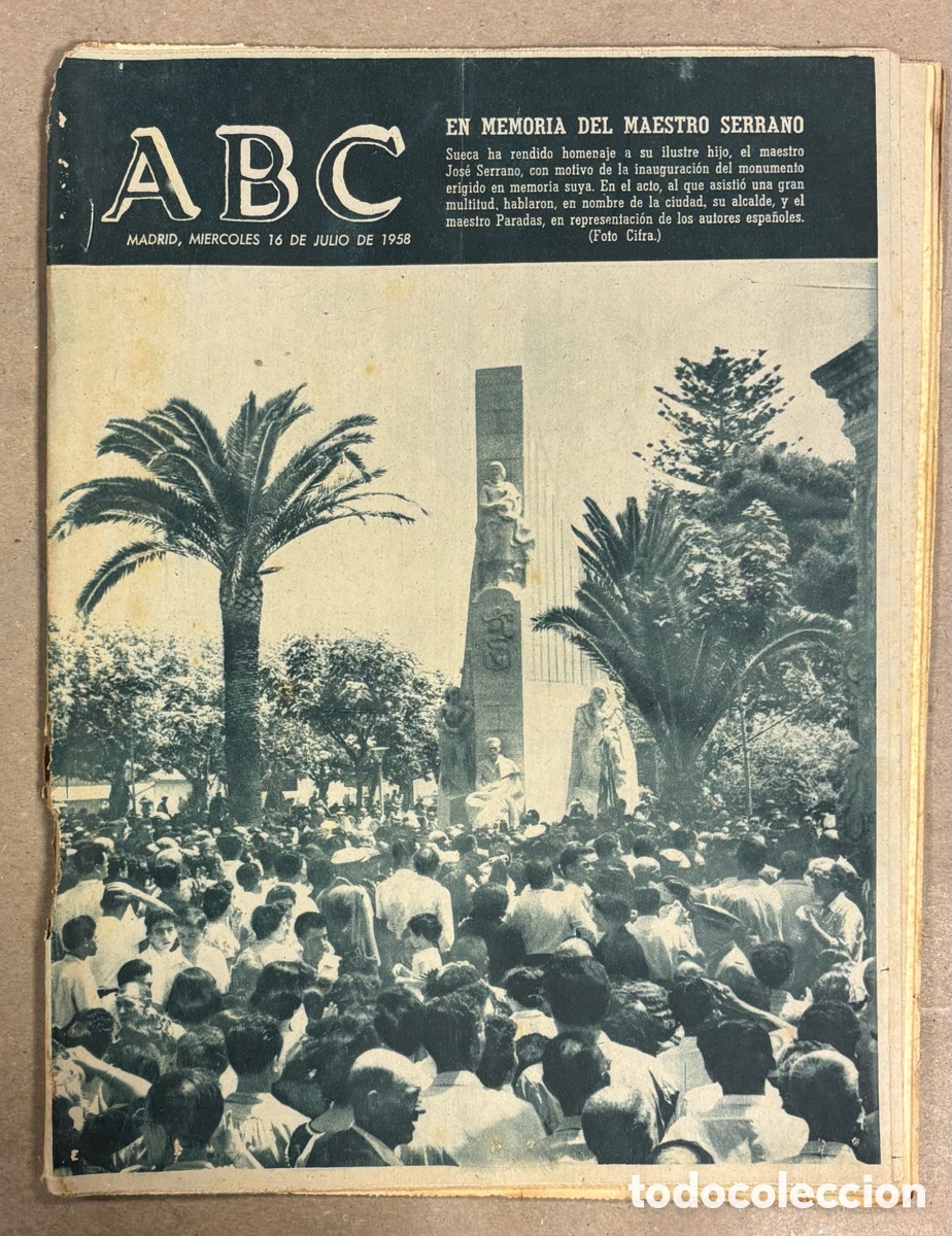 Coleccionismo de revistas y peri&oacute;dicos: ABC (14 JULIO 1958) SUECA INAUGURACI&Oacute;N MONUMENTO MAESTRO SERRANO, CAMPEONATO SALVAMENTO MINERO