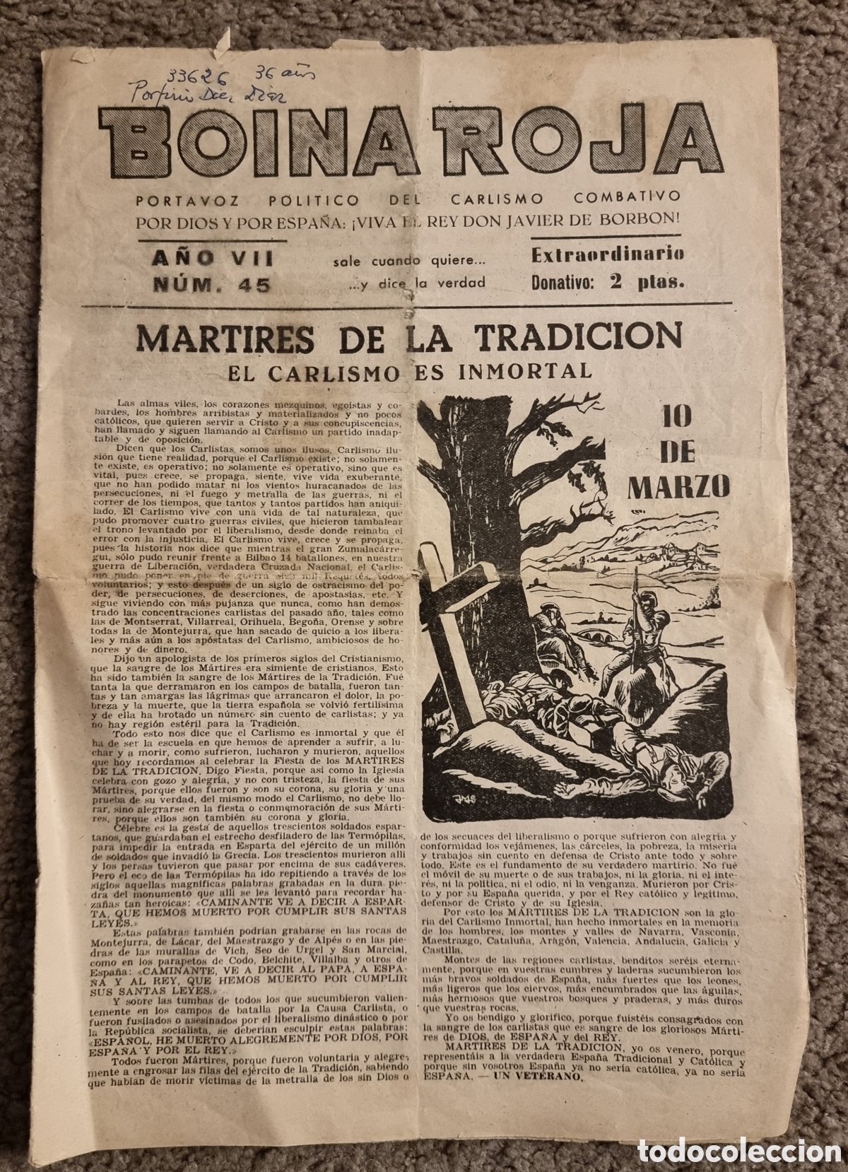 Coleccionismo de revistas y peri&oacute;dicos: Peri&oacute;dico Boina Roja carlismo requet&eacute; Falange original Guerra civil