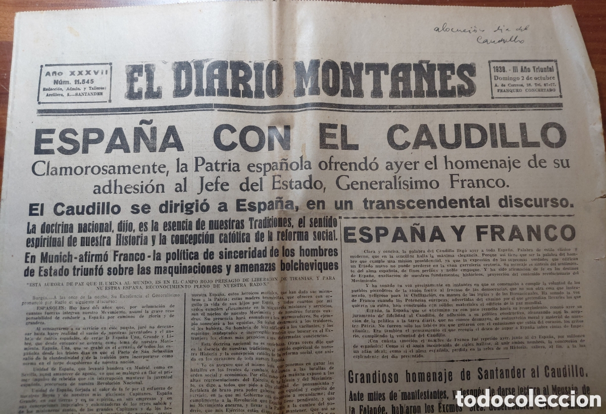 Collezionismo di Riviste e Giornali: EL DIARIO MONTA&Ntilde;&Eacute;S / 2 DE OCTUBRE 1938