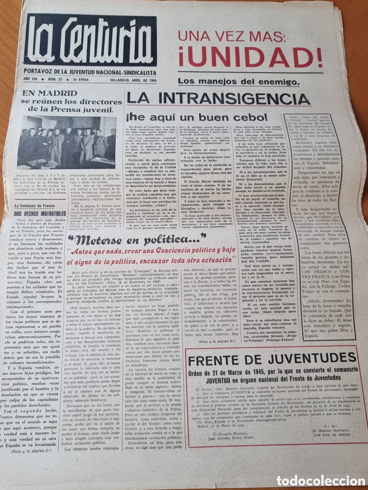 Coleccionismo de revistas y peri&oacute;dicos: La Centuria Falange Espa&ntilde;ola Guerra civil Jons original Valladolid muy raro peri&oacute;dico ved foto