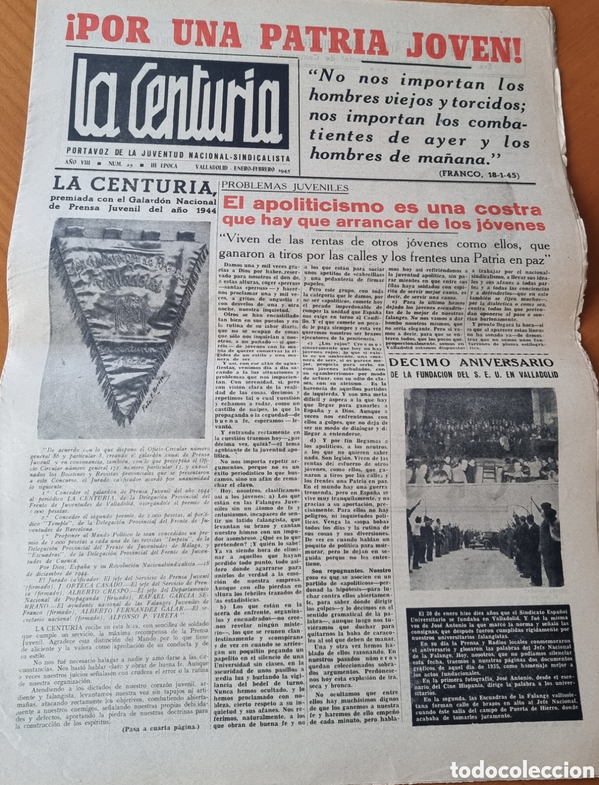 Coleccionismo de revistas y peri&oacute;dicos: La Centuria Guerra Civil Falange JONS Valladolid original raro peri&oacute;dico ved foto