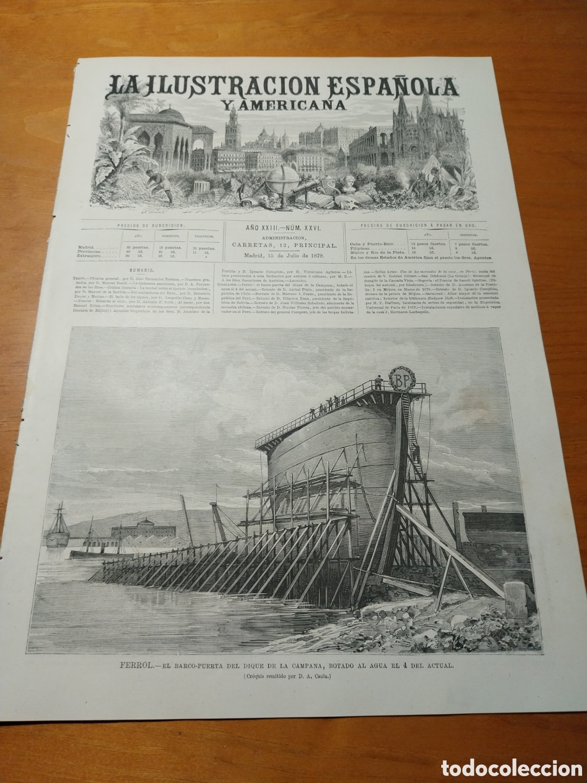 Collectionnisme de Revues et Journaux: REVISTA 1879 FERROL BARCO- PUERTA DIQUE LA GRANJA DE SAN ILDEFONSO. PUENTE SANCTI SPIRITUS D SEGOVIA