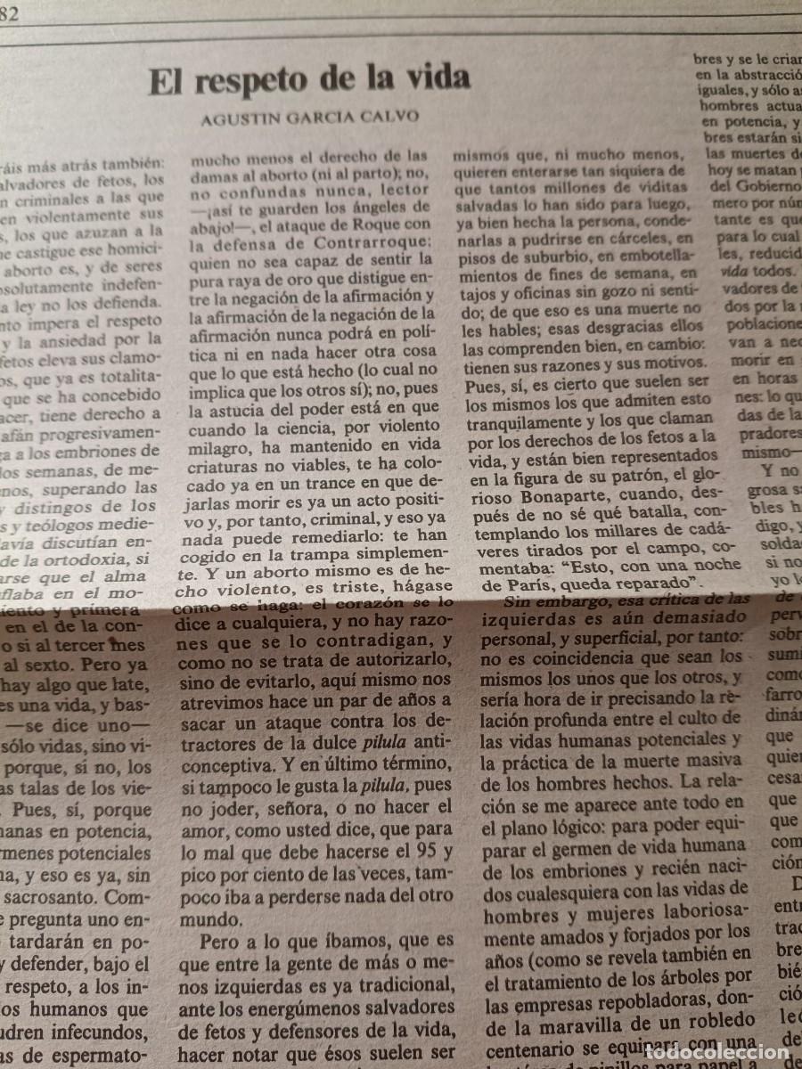 Coleccionismo de revistas y peri&oacute;dicos: AGUST&Iacute;N GARC&Iacute;A CALVO: EL RESPETO DE LA VIDA. ABORTO, EUTANASIA... ARTICULO DE EL PAIS AGOSTO 1982
