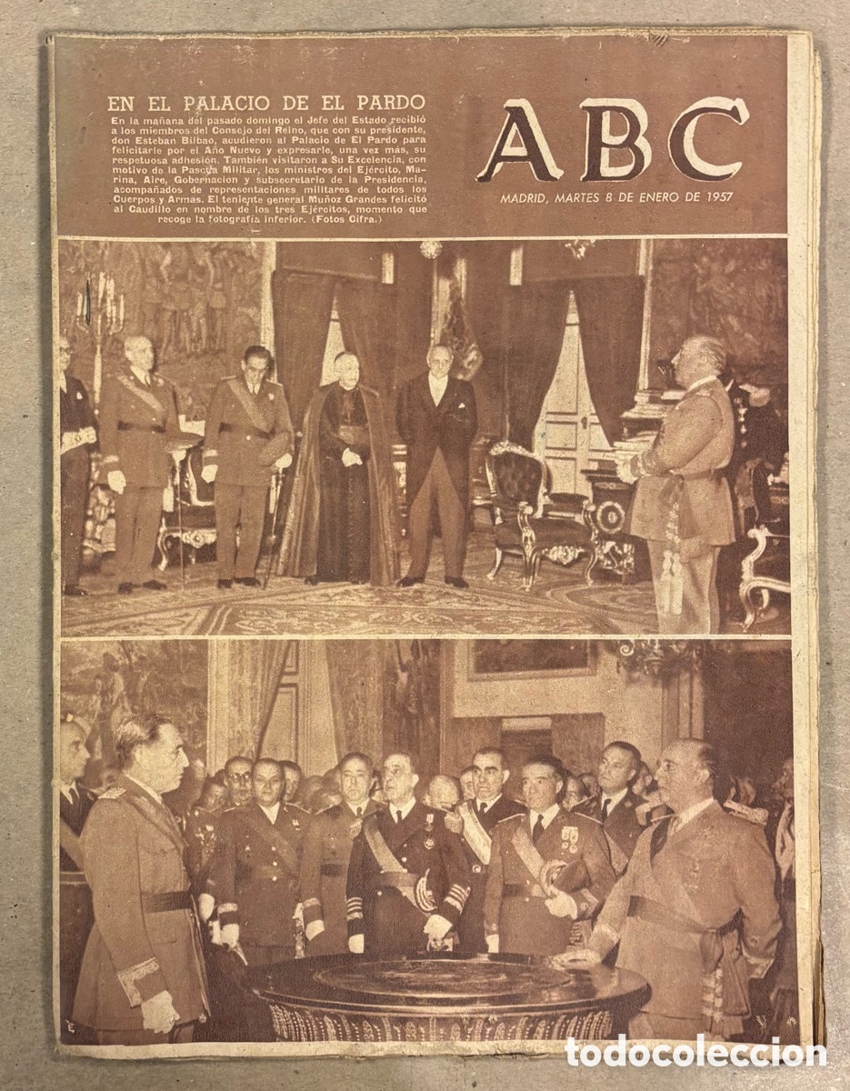 Coleccionismo de revistas y peri&oacute;dicos: ABC (8 ENERO 1957) CONSEJO DEL REINO CON FRANCO EN EL PARDO, ATHLETIC BILBAO 1-4 ATL&Eacute;TICO MADRID,&hellip;