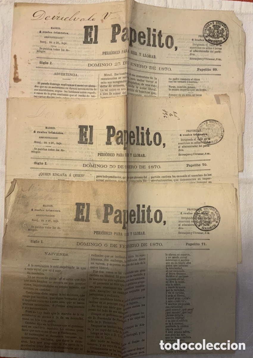 Coleccionismo de revistas y peri&oacute;dicos: El Papelito. N&ordm; 69, 70, 71. 1870