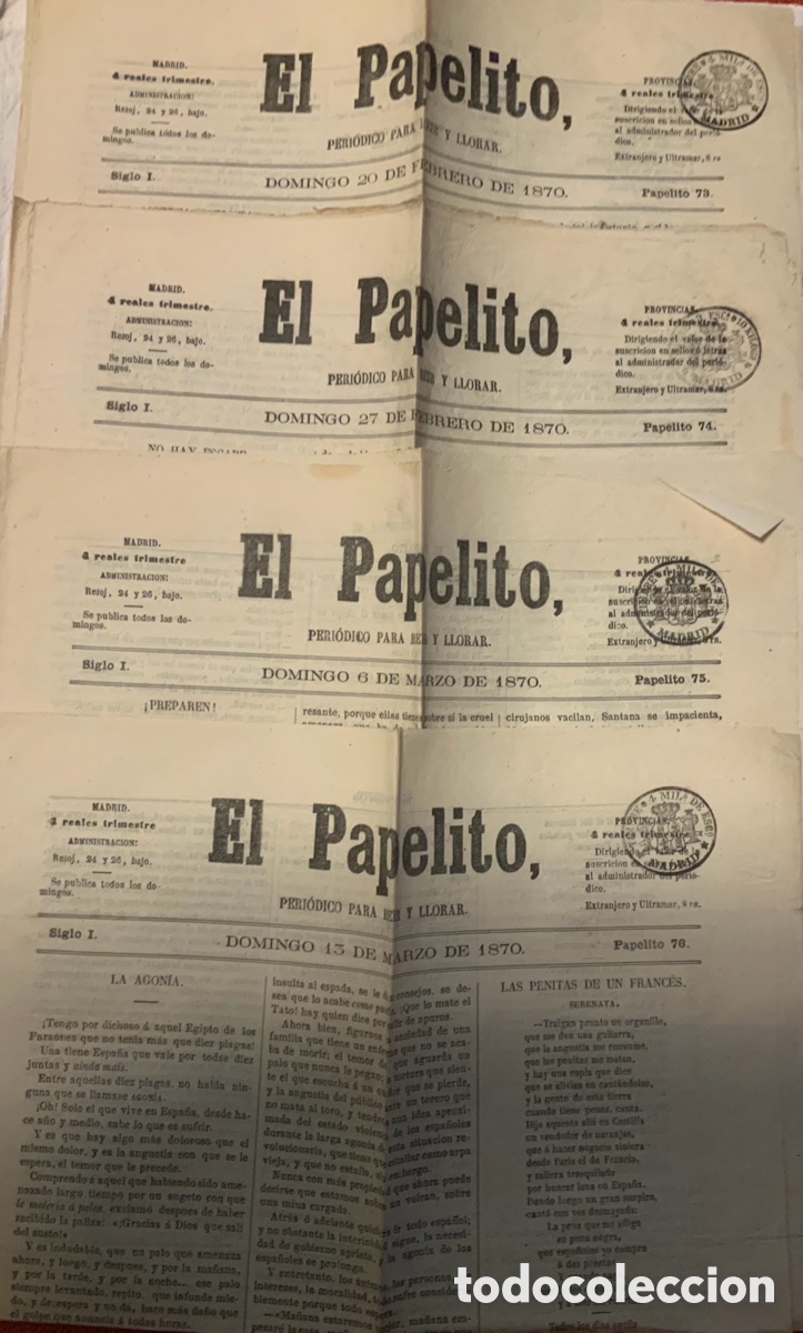 Coleccionismo de revistas y peri&oacute;dicos: El Papelito. N&ordm;73-80. 1870