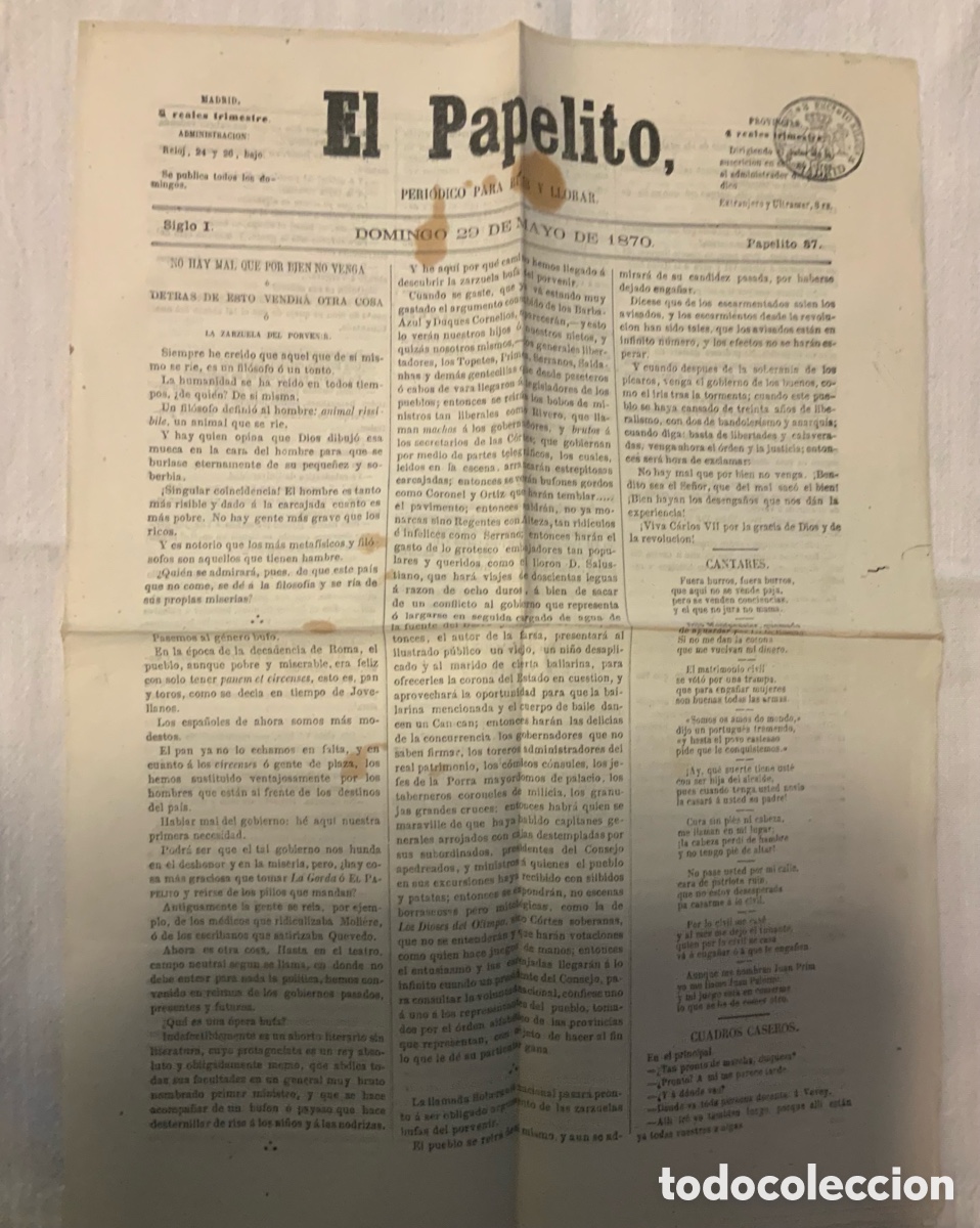 Coleccionismo de revistas y peri&oacute;dicos: El Papelito n&ordm; 87, 91, 101, 105. 1870-71