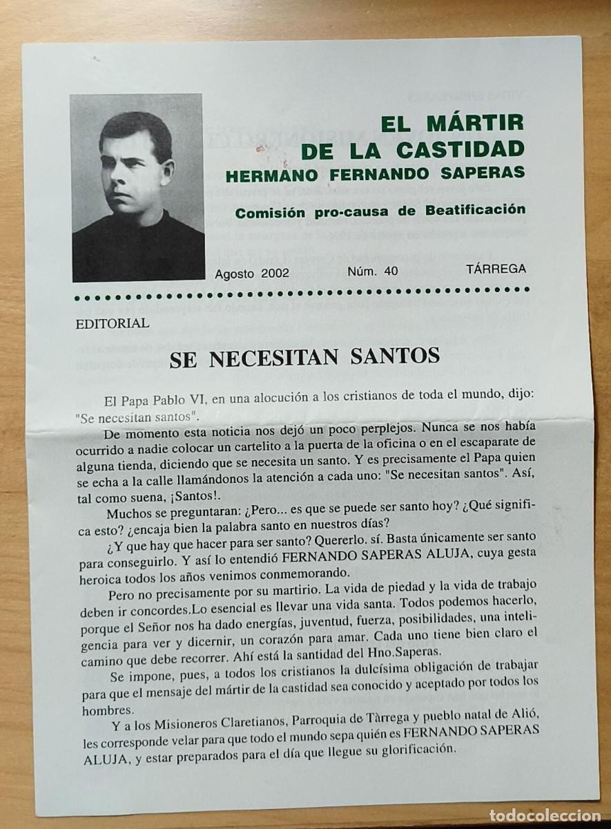 Coleccionismo de revistas y peri&oacute;dicos: Folleto d&iacute;ptico El m&aacute;rtir de la castidad Hermano Fernando Saperas - Agosto 2002, N&uacute;m 40, T&aacute;rrega