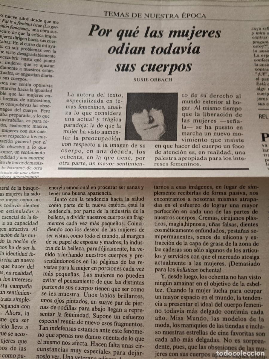 Coleccionismo de revistas y peri&oacute;dicos: POR QU&Eacute; LAS MUJERES ODIAN TODAVIA SUS CUERPOS. SUSIE ORBACH. ART&Iacute;CULO 2 P&Aacute;GINAS, EL PA&Iacute;S, ABRIL 1986