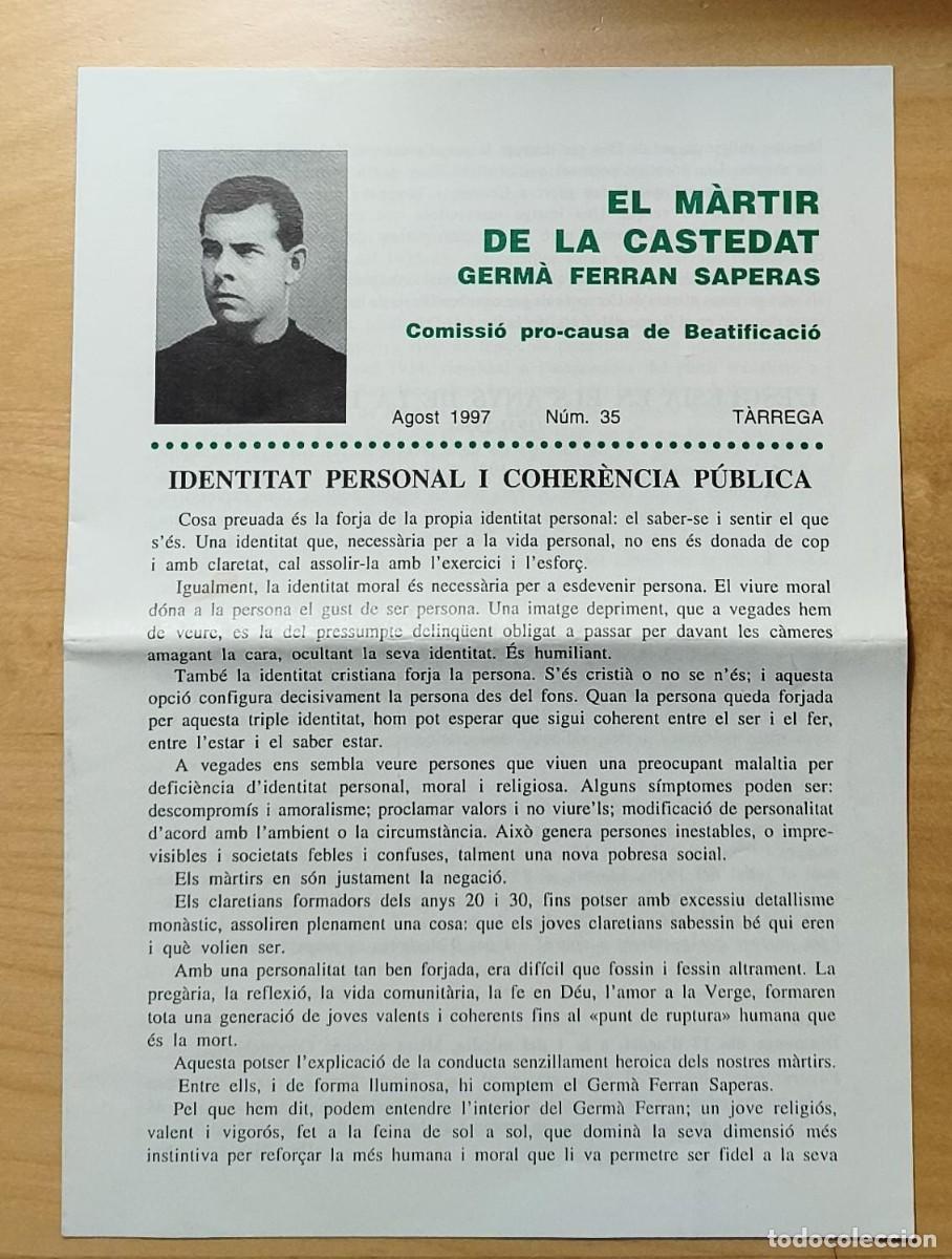 Coleccionismo de revistas y peri&oacute;dicos: Folleto d&iacute;ptico El m&agrave;rtir de la Castedat, Germ&agrave; Ferran Saperas, agost 1997, N&uacute;m 35, T&agrave;rrega (Lleida)
