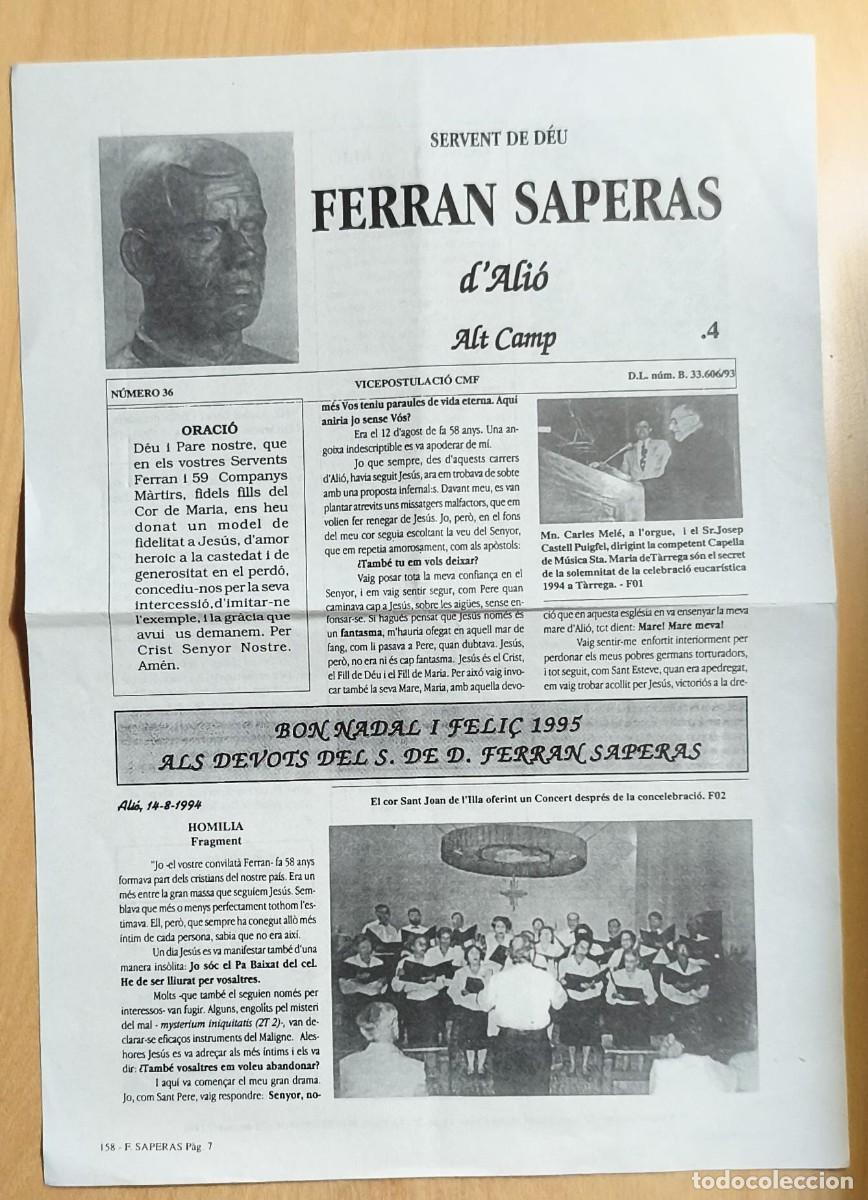 Coleccionismo de revistas y peri&oacute;dicos: Hoja Servent de D&eacute;u Ferran Saperas, d'Ali&oacute;, Alt Camp - N&uacute;m 36 - Vicepostulaci&oacute; CMF