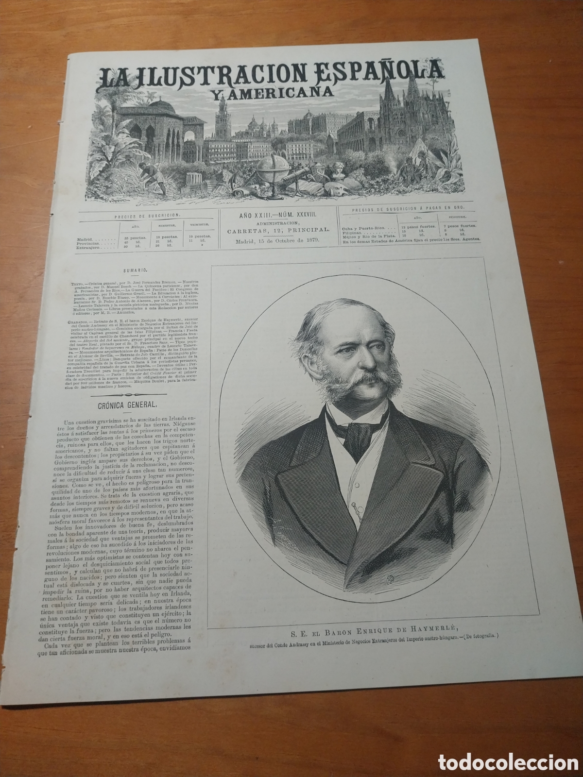 Coleccionismo de revistas y peri&oacute;dicos: REVISTA 1879 VENCEDOR DE BOQUERON MALAGA. PATIO DE LAS DONCELLAS ALCAZAR DE SEVILLA