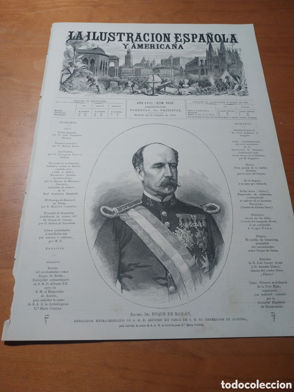 Coleccionismo de revistas y peri&oacute;dicos: REVISTA 1879 MURCIA VISTA CIUDAD.RIO SEGURA POR ORIHUELA.LA CRUZ ROJA EN LIMA.CASTILLO EN BELGICA D