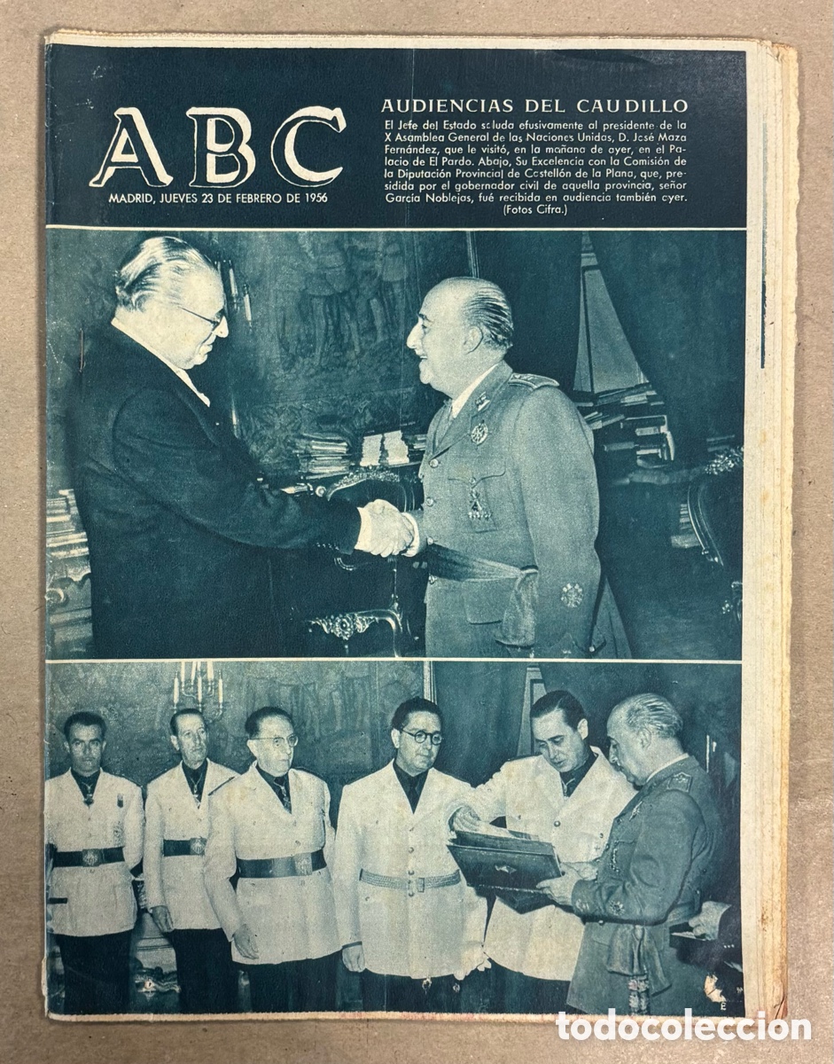 Coleccionismo de revistas y peri&oacute;dicos: ABC (23 FEBRERO 1956) AUDIENCIA CAUDILLO PRESIDENTE ONU, TRATADO DE FEZ MARRUECOS, INCENDIO MONTES B